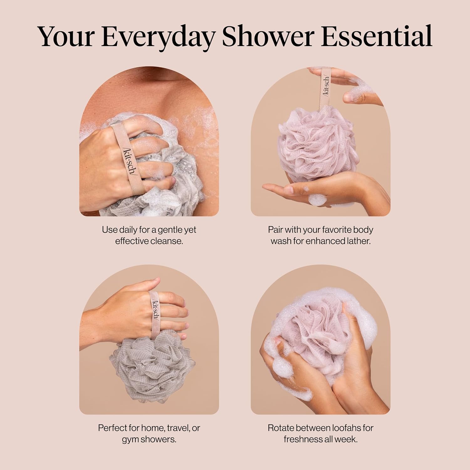 Thumbnail 6 de Kitsch Shower Loofah 3pc Set – Soft Mesh Body Scrubber & Bath Sponge (Ballet)