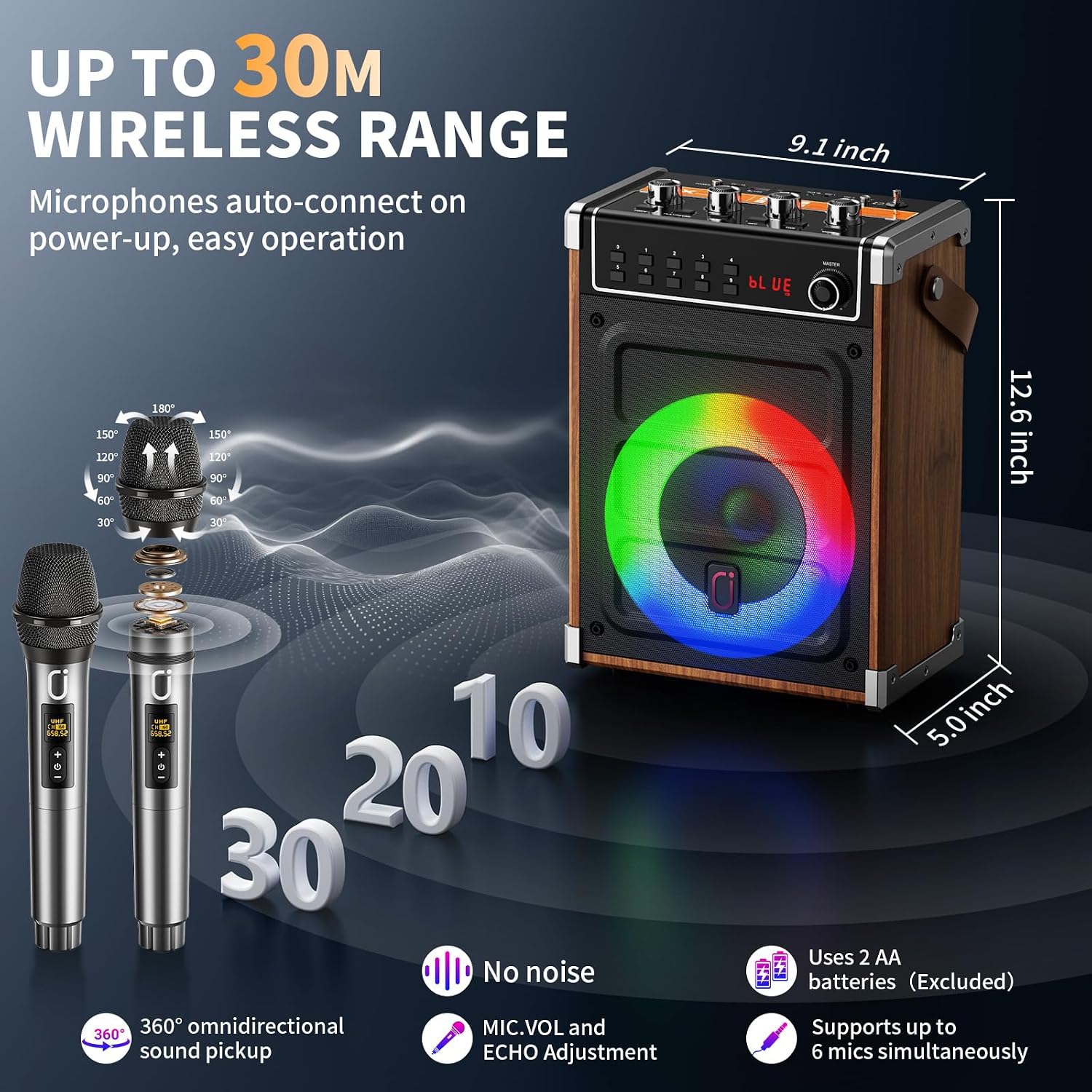 Detalle de JYX Karaoke Machine with 2 Wireless Microphones (69BT) — Portable 3D Surround Sound for Parties