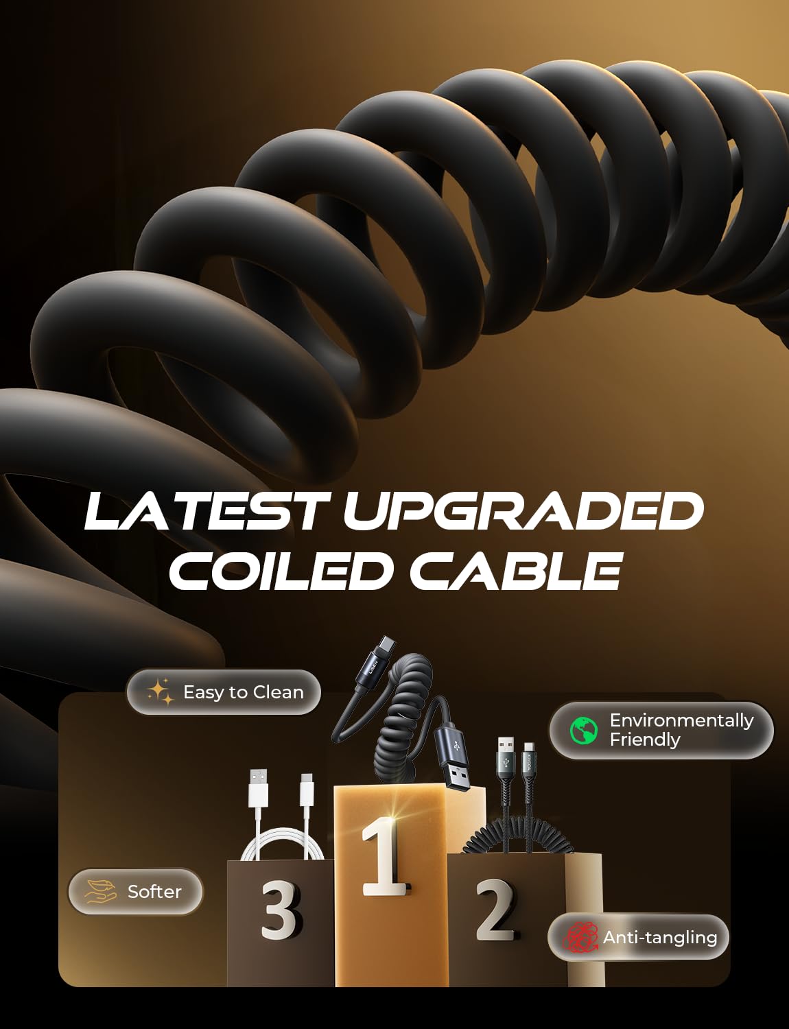 Detalle 2 de LISEN Coiled USB-C Cable 2-Pack (USB A to USB C) for Android Auto & CarPlay — 4+6FT, Space Black