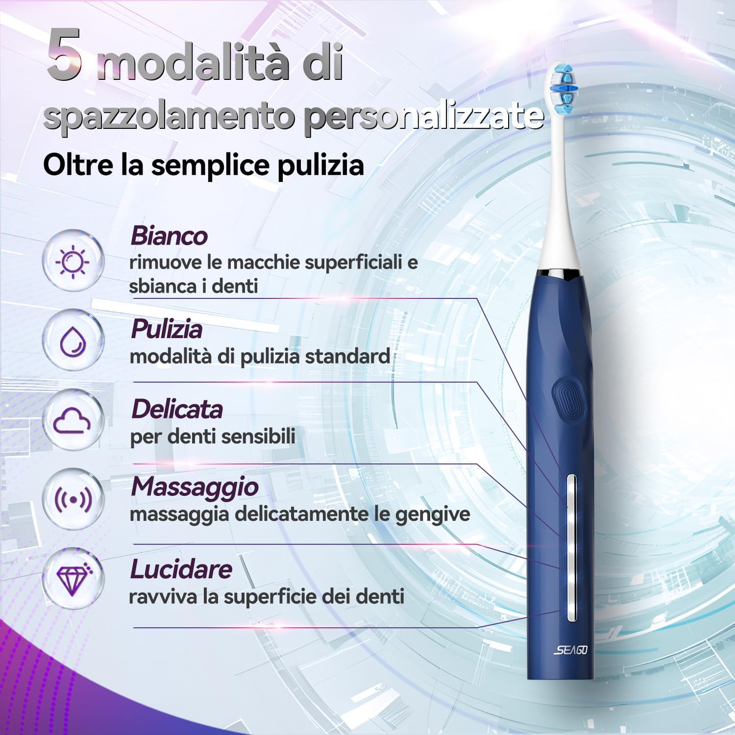Thumbnail 5 de Spazzolino sonico elettrico SEAGO SG-2752 (blu) con sensore di pressione, 8 testine e ricarica USB