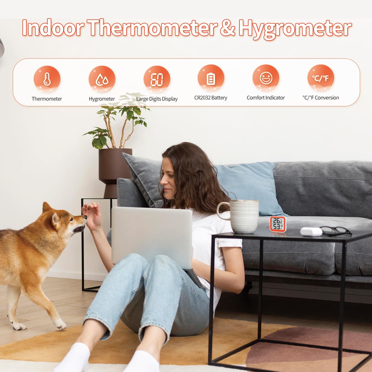 Thumbnail 1 de NOKLEAD Thermometer Luftfeuchtigkeitsmesser mit Komfort-Gesichtssymbol (Orange, 4,5 cm) für Babyzimmer & Büro