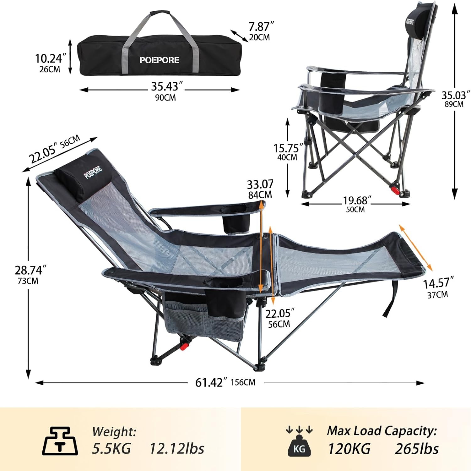 Detalle de POEPORE Reclining Camping Chair 4-Position with Foot Rest – Deluxe Folding Lounger