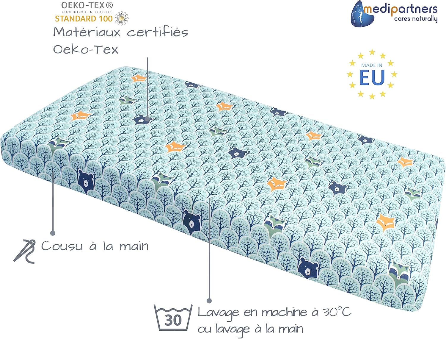 Thumbnail 1 de Medi Partners Drap housse 60x120 bébé en 100% coton (Forêt avec Menthe)
