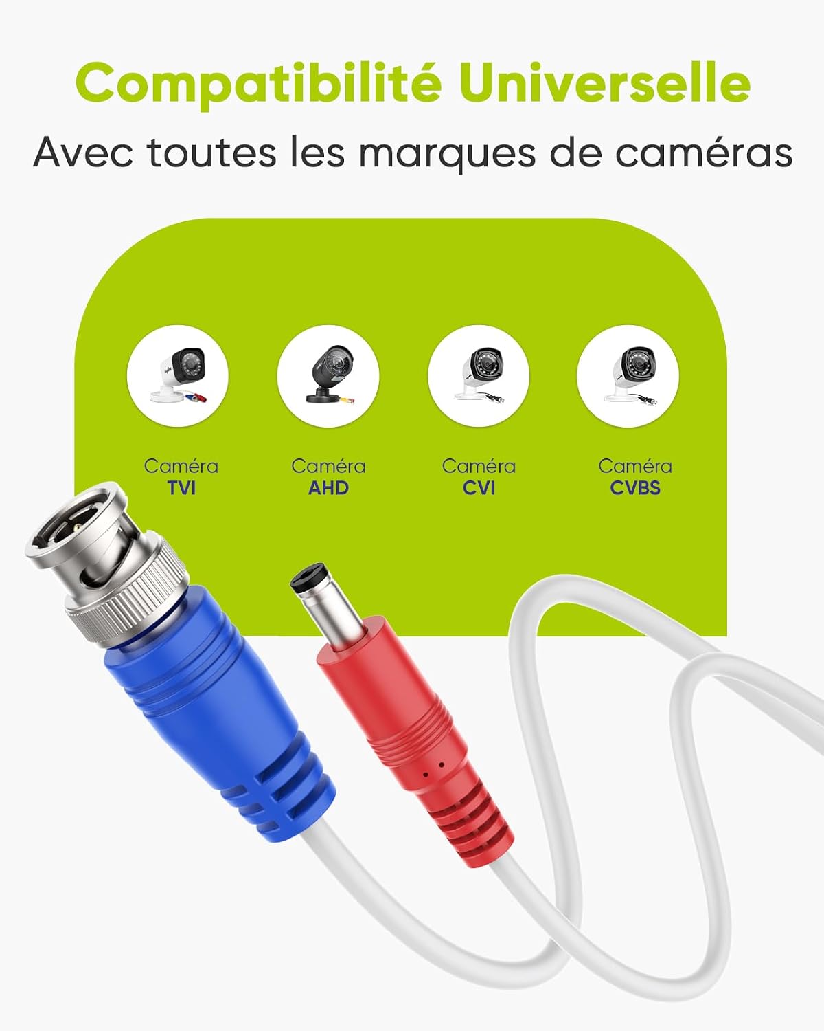 Detalle 1 de Câble vidéo et alimentation DC SANNCE 30 m / 90 ft Tout-en-un pour CCTV – 4 pièces (Blanc)