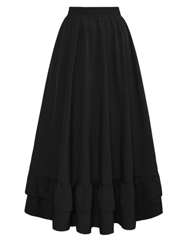 Detalle 2 de SCARLET DARKNESS Jupe maxi médiévale en double couche à volants, taille haute victorienne Seampunk, noir (XL)
