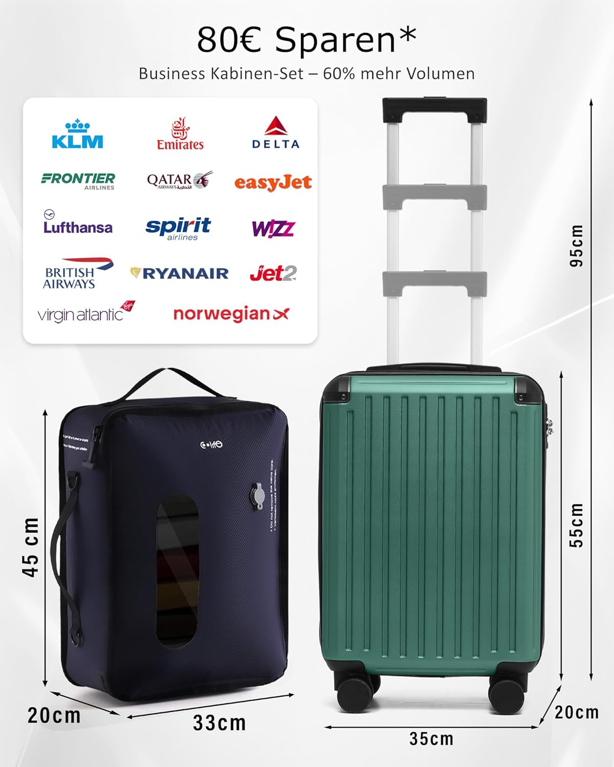 Detalle de COOLIFE Ryanair Handgepäck Koffer 55x35x20 cm + Vakuumbeutel 60% mehr Platz – ABS+PC mit TSA-Schloss