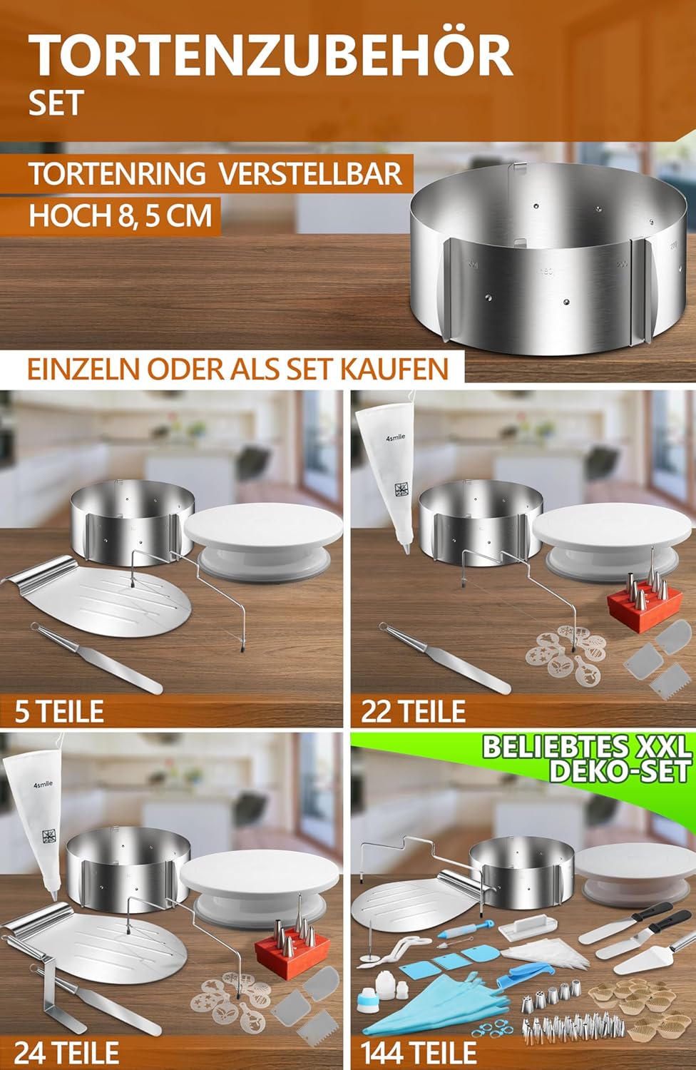 Detalle de 4smile Tortenring verstellbar hoch 8,5 cm – Edelstahl, Ø 16–30 cm