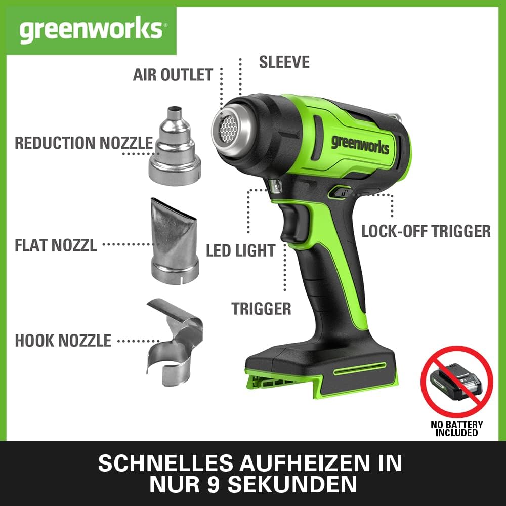 Thumbnail 1 de Greenworks Tools Akku-Heißluftpistole G24HG (G24, 24 V) – 3 Düsen, 9 Sekunden Aufwärmzeit, LED