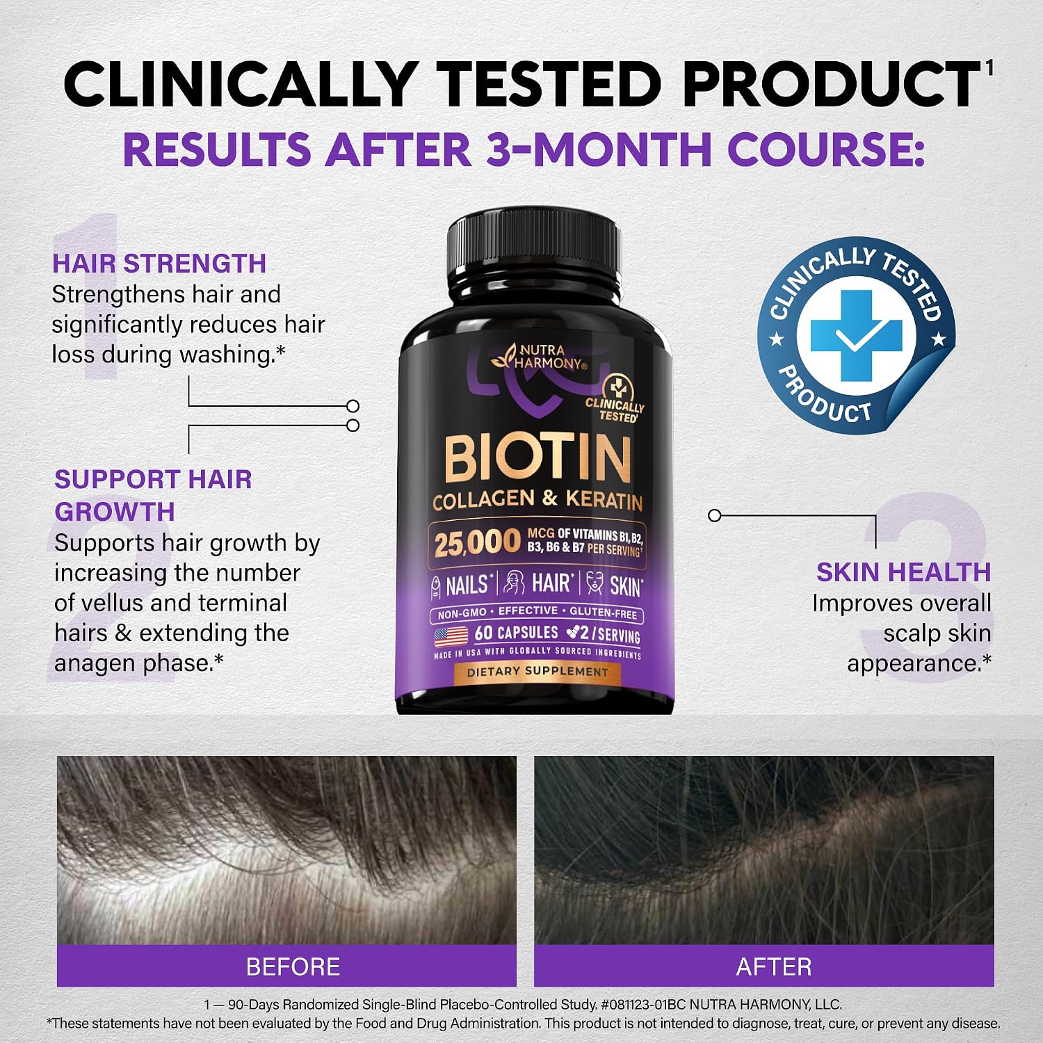 Detalle de NUTRAHARMONY BC-01 Hair, Skin & Nails Supplement with Biotin, Collagen & B-Complex
