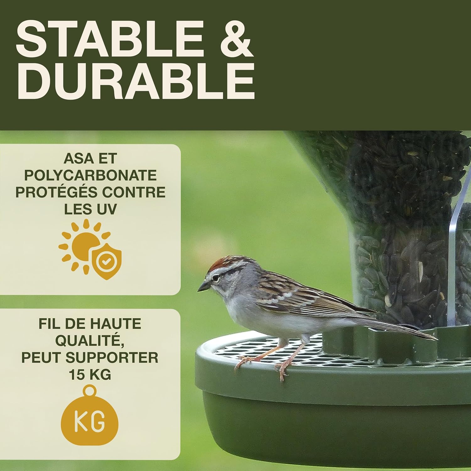 Detalle de SWISSINNO Mangeoire Oiseaux Extérieur Davos Smart Birds — anti-rats, plateau récupérateur et double compartiment
