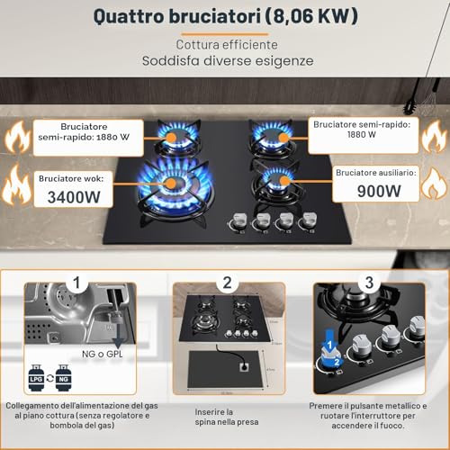 Detalle de TopStrong Piano Cottura a Gas 4 Fuochi in Vetro Nero – 8060 W, FFD, NG/LPG