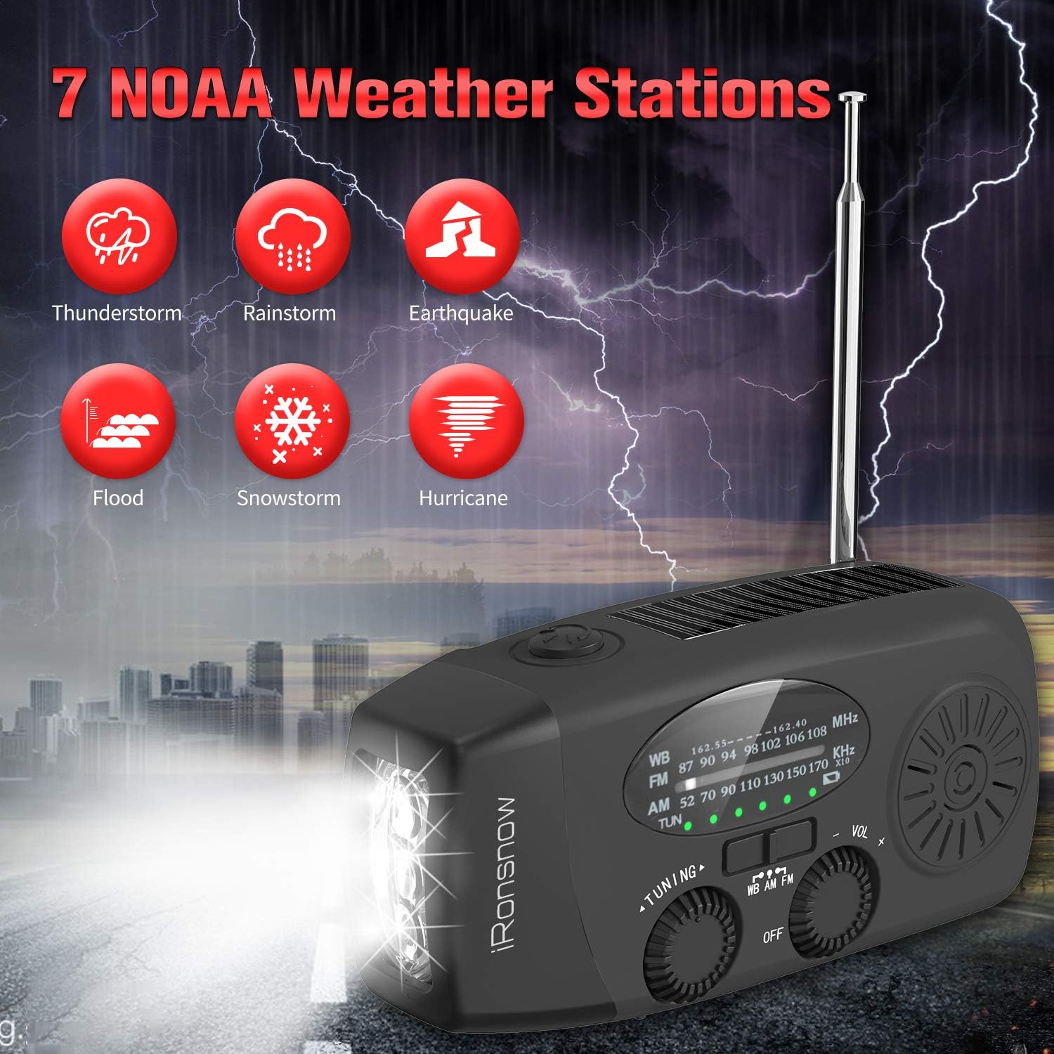 Thumbnail 6 de iRonsnow 2000mAh wind-up solar emergency crank weather radio (NOAA/FM/AM) with torch & USB-C phone charging