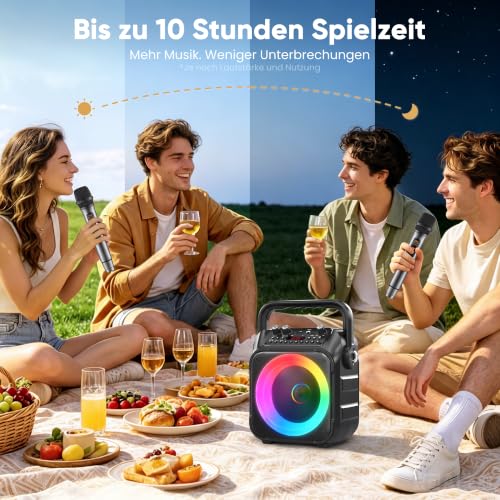 Detalle de Singingmate Karaoke Maschine mit 2 kabellosen Mikrofonen – tragbare Karaoke Box, Bluetooth Lautsprecher, TV-kompatibel