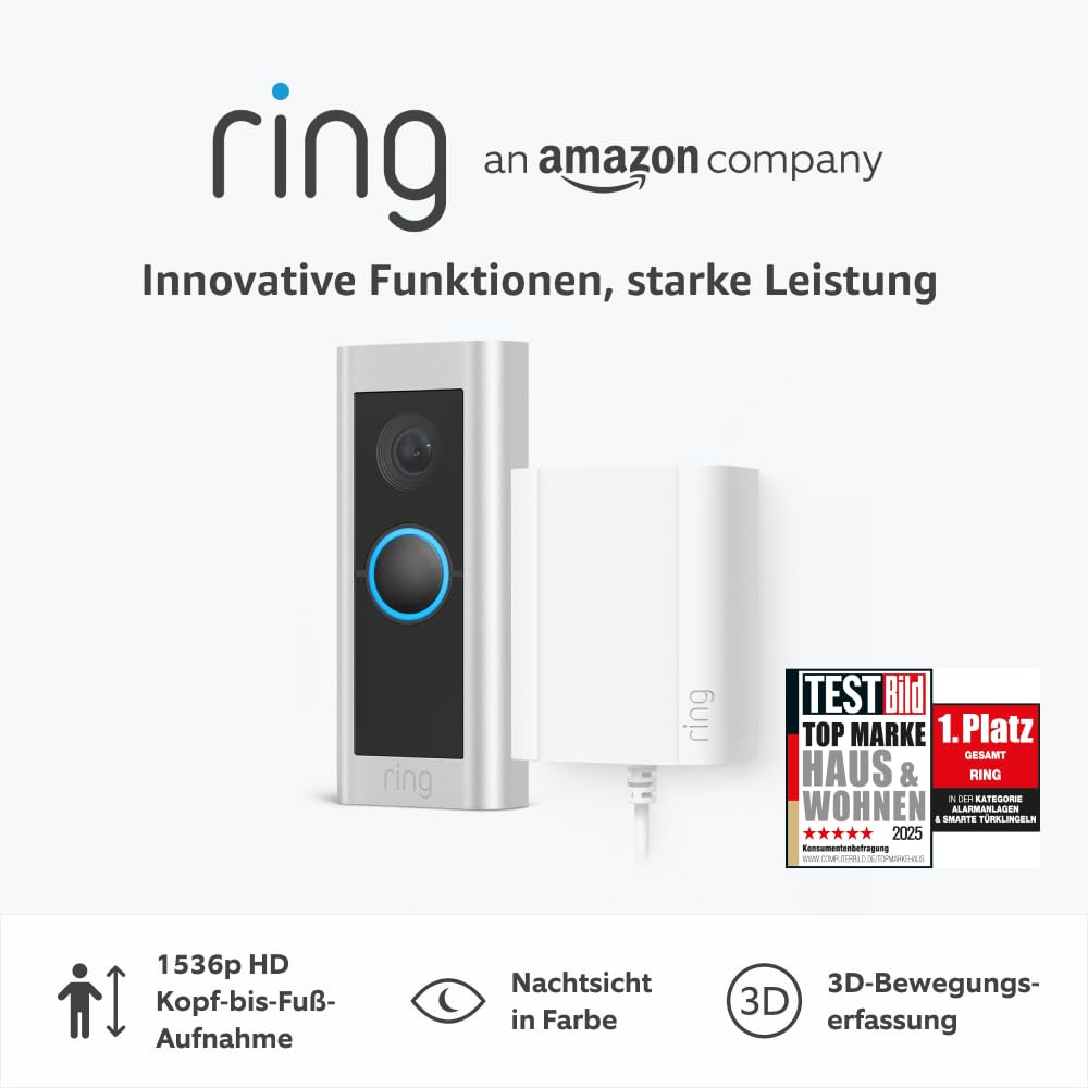 Detalle de Ring Videotürklingel Pro Kabel (kabelgebunden) + Netzteil – Klingel mit Kamera, 1536p HD und 3D-Bewegung