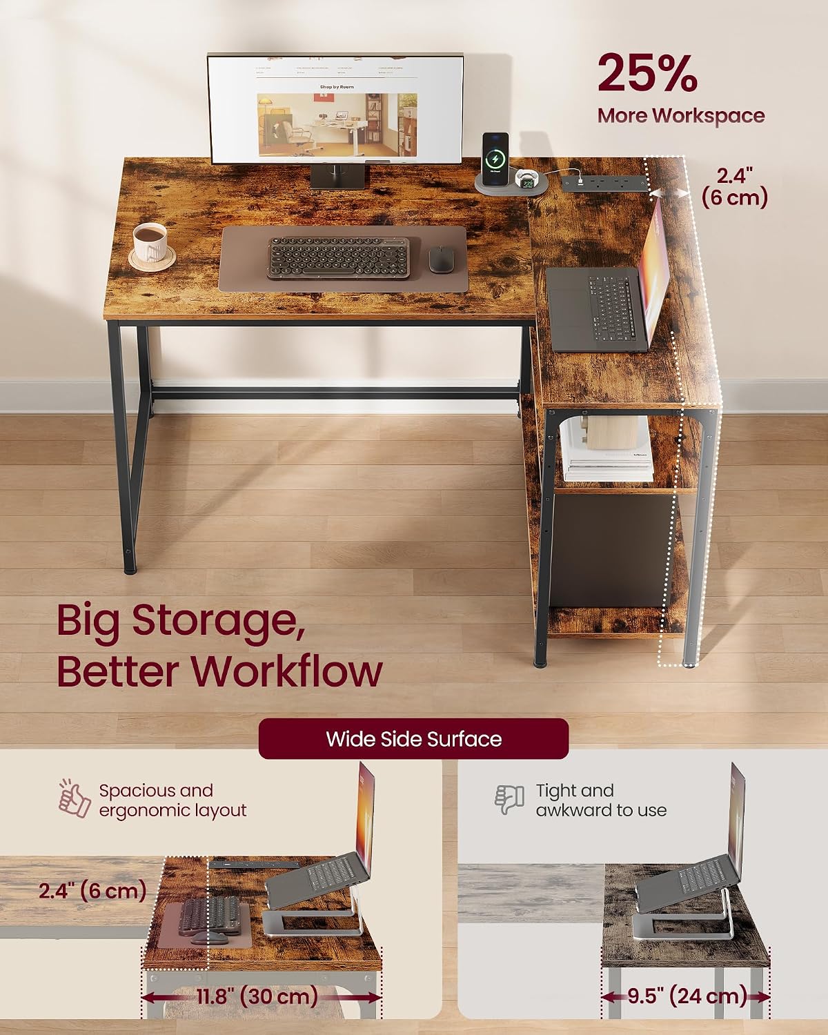 Detalle 2 de VASAGLE L Shaped Corner Desk 110 x 80 cm