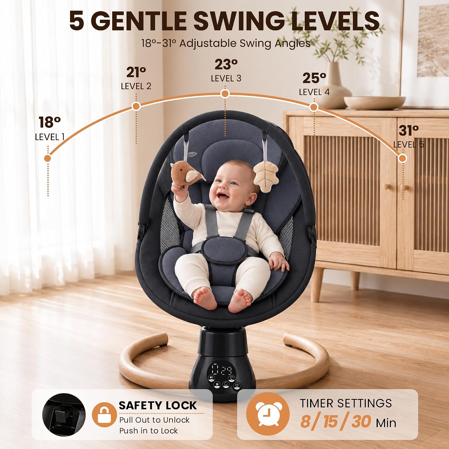 Detalle de Cochymi Electric Baby Swing with 5 Sway Angles and 2 Recline Positions