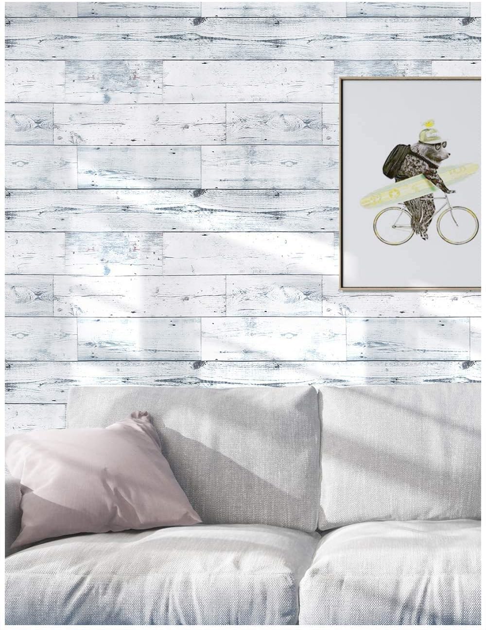 Detalle 2 de APPIOK Peel-and-Stick Wallpaper, Light Grey and White Distressed Wood Plank
