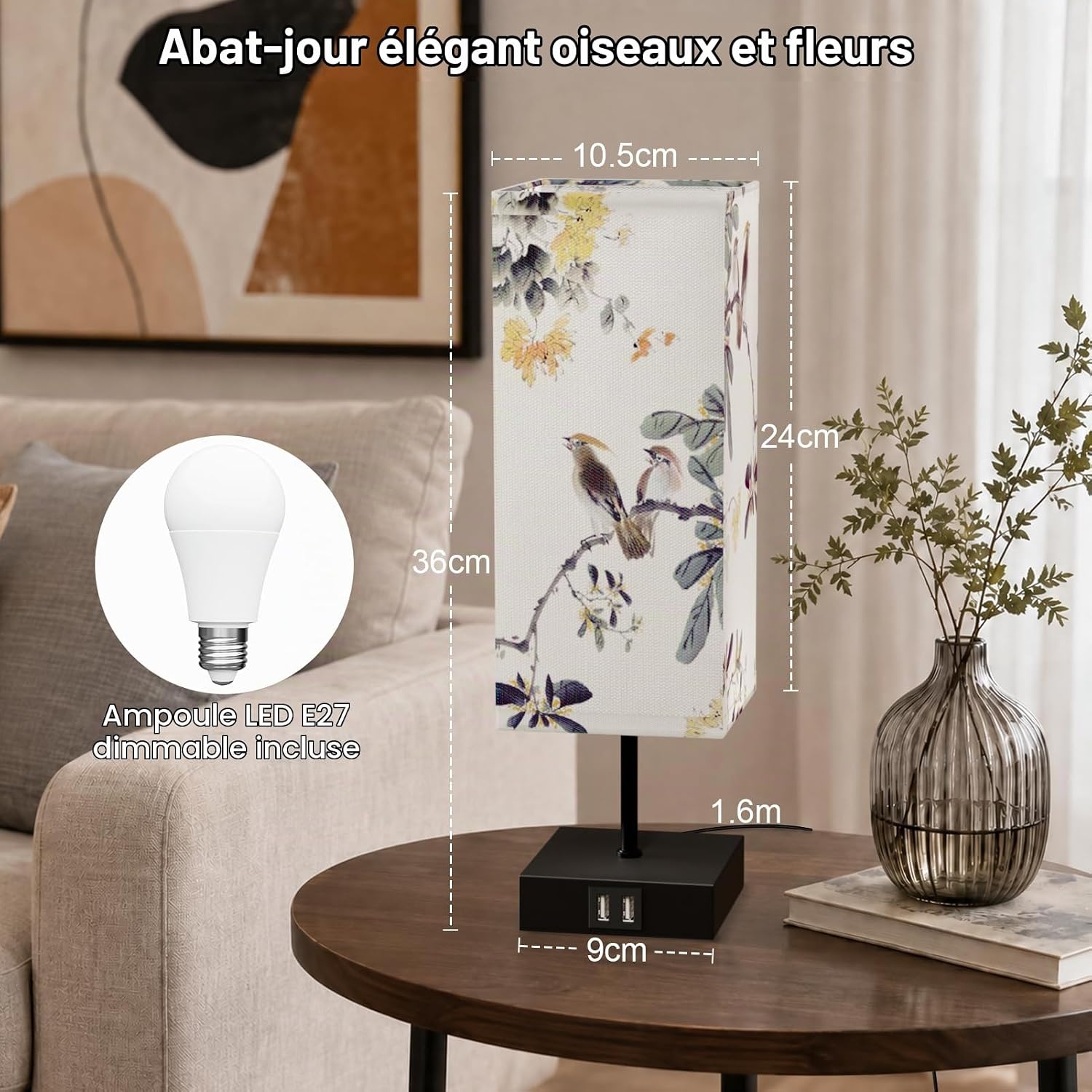Detalle de Yeeklab lampe chevet tafellamp met touchscreen, 2 USB-poorten en 3 lichtkleuren