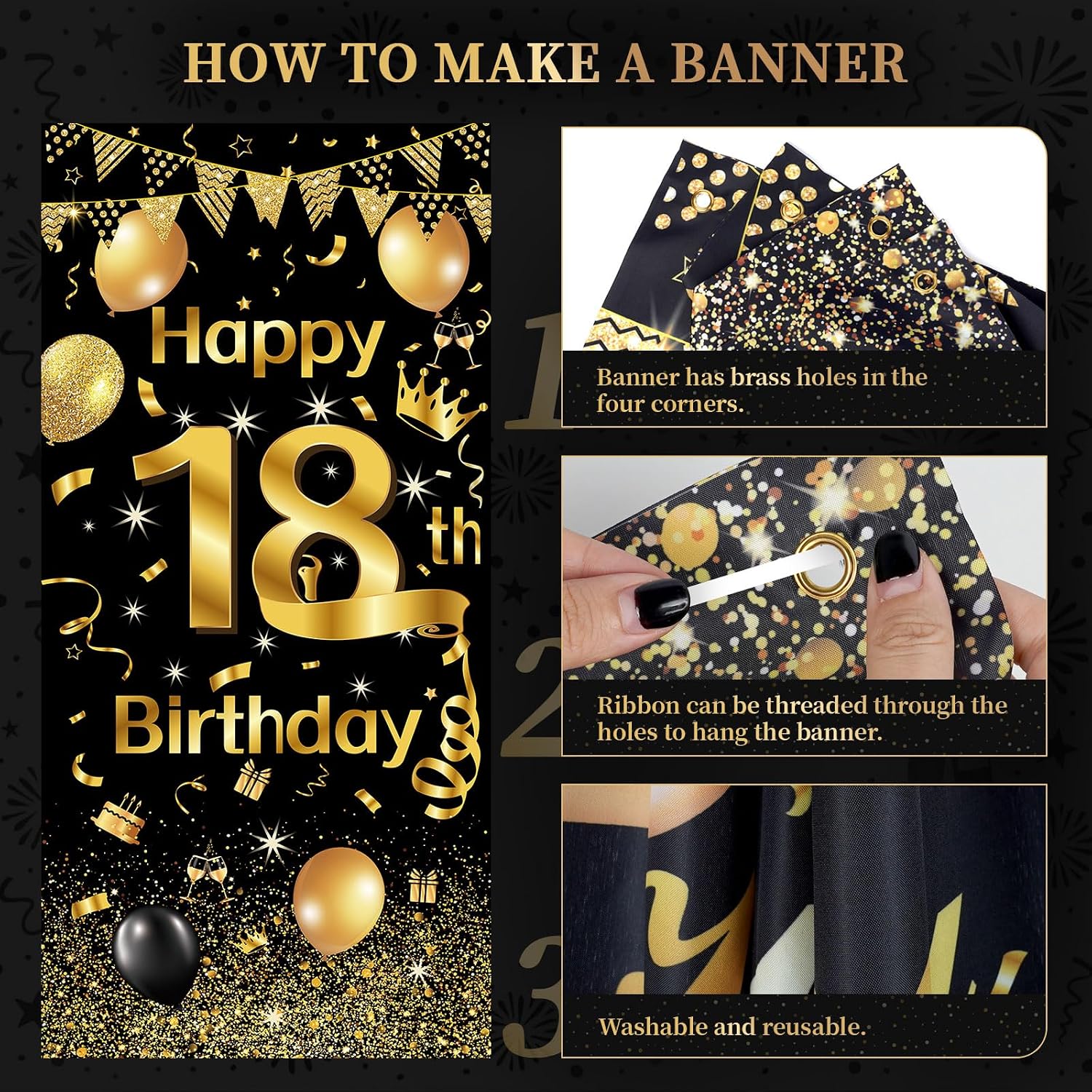 Thumbnail 4 de 18th Birthday Decorations for Boys & Girls – Black & Gold Balloons with 18 Banner, Garland, Confetti, and 18 Balloons
