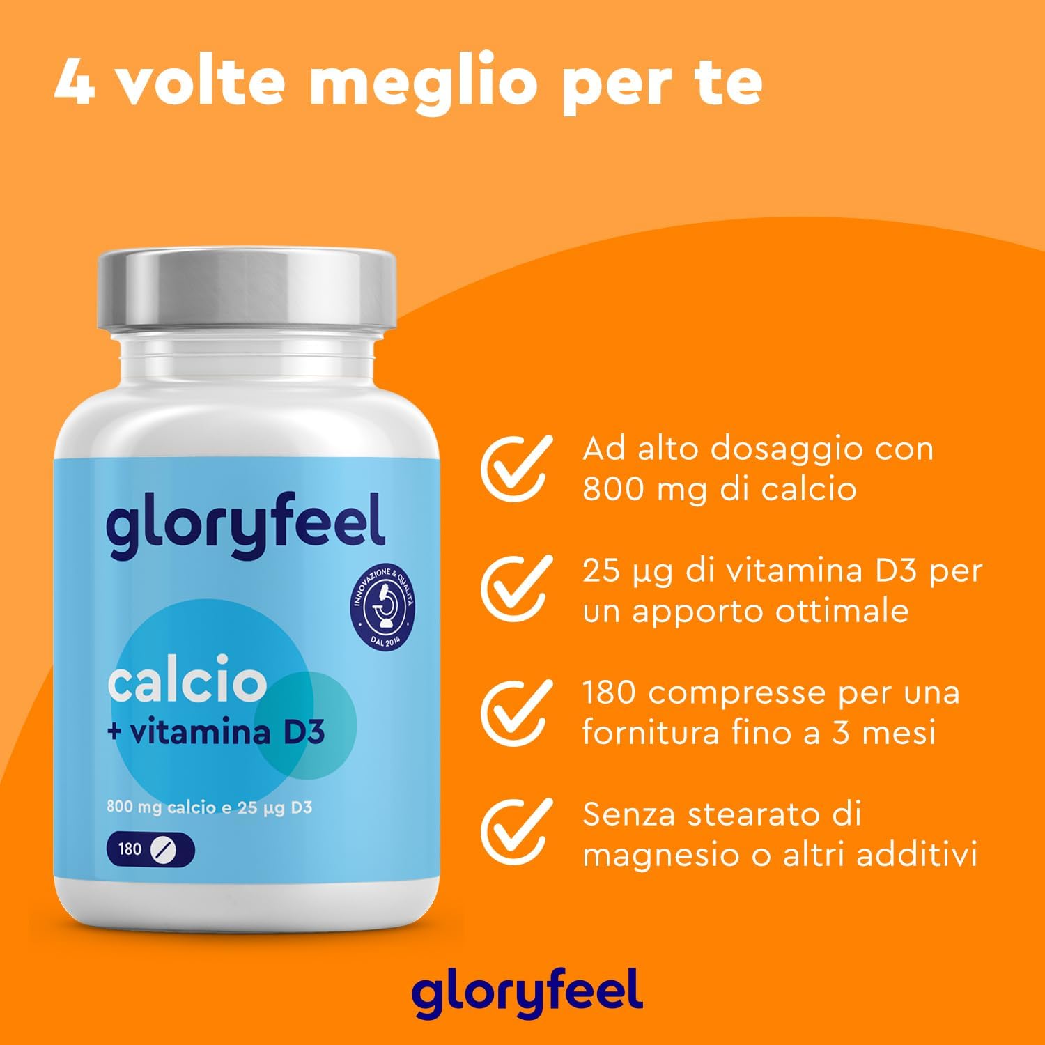 Detalle 2 de Integratore Calcio e Vitamina D3, 180 Compresse – Gloryfeel: supporto per ossa, denti e muscoli