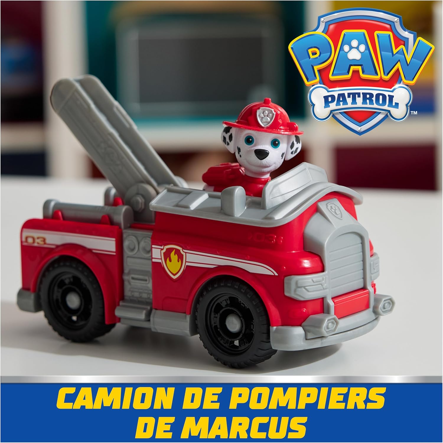 Detalle de Paw Patrol Pat Patrouille – Véhicule figurine Marcus (camion de pompiers) avec figurine de Marshall