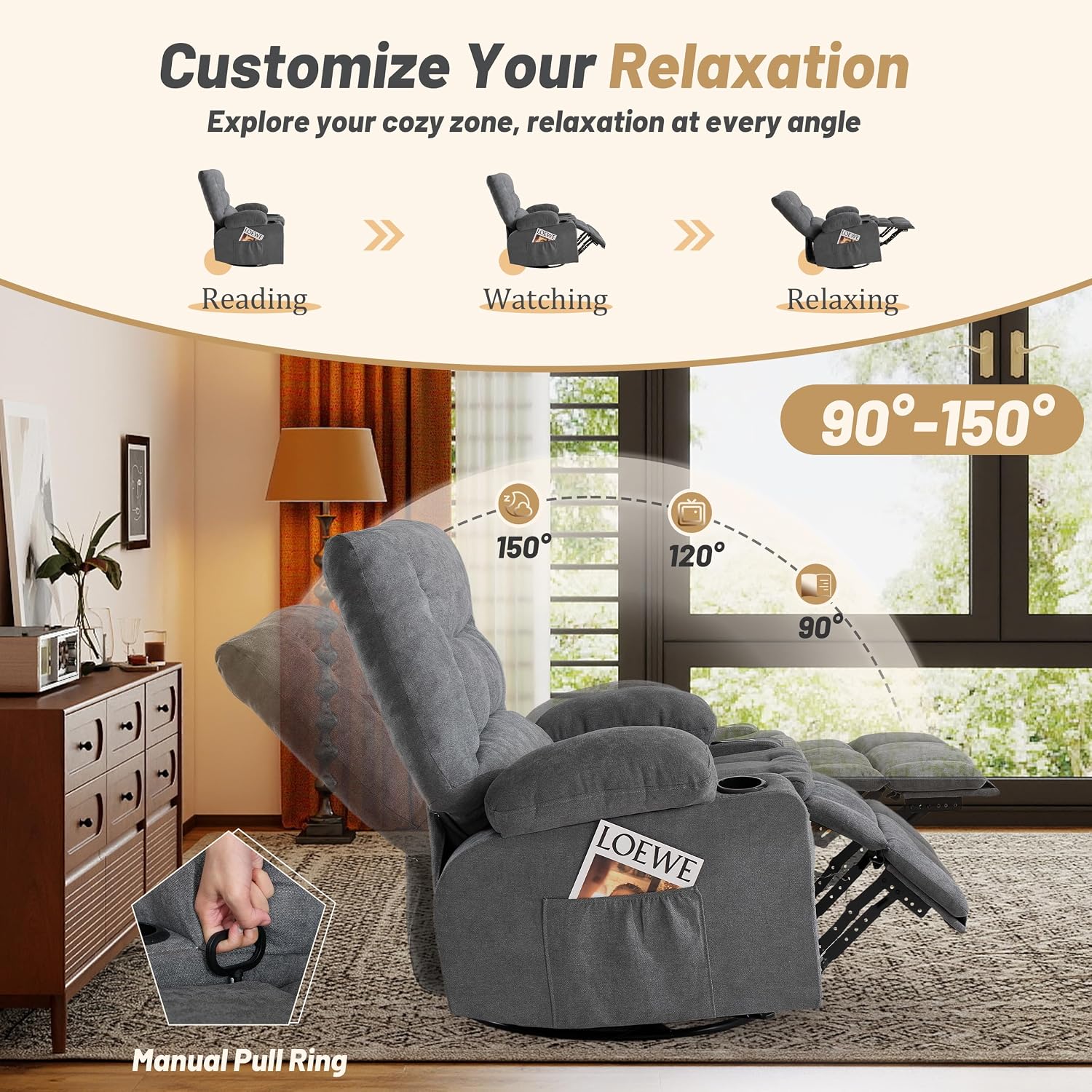 Thumbnail 3 de Sofayonn Swivel Rocker Recliner Chair with Massage, Heat, USB Port and Cup Holders