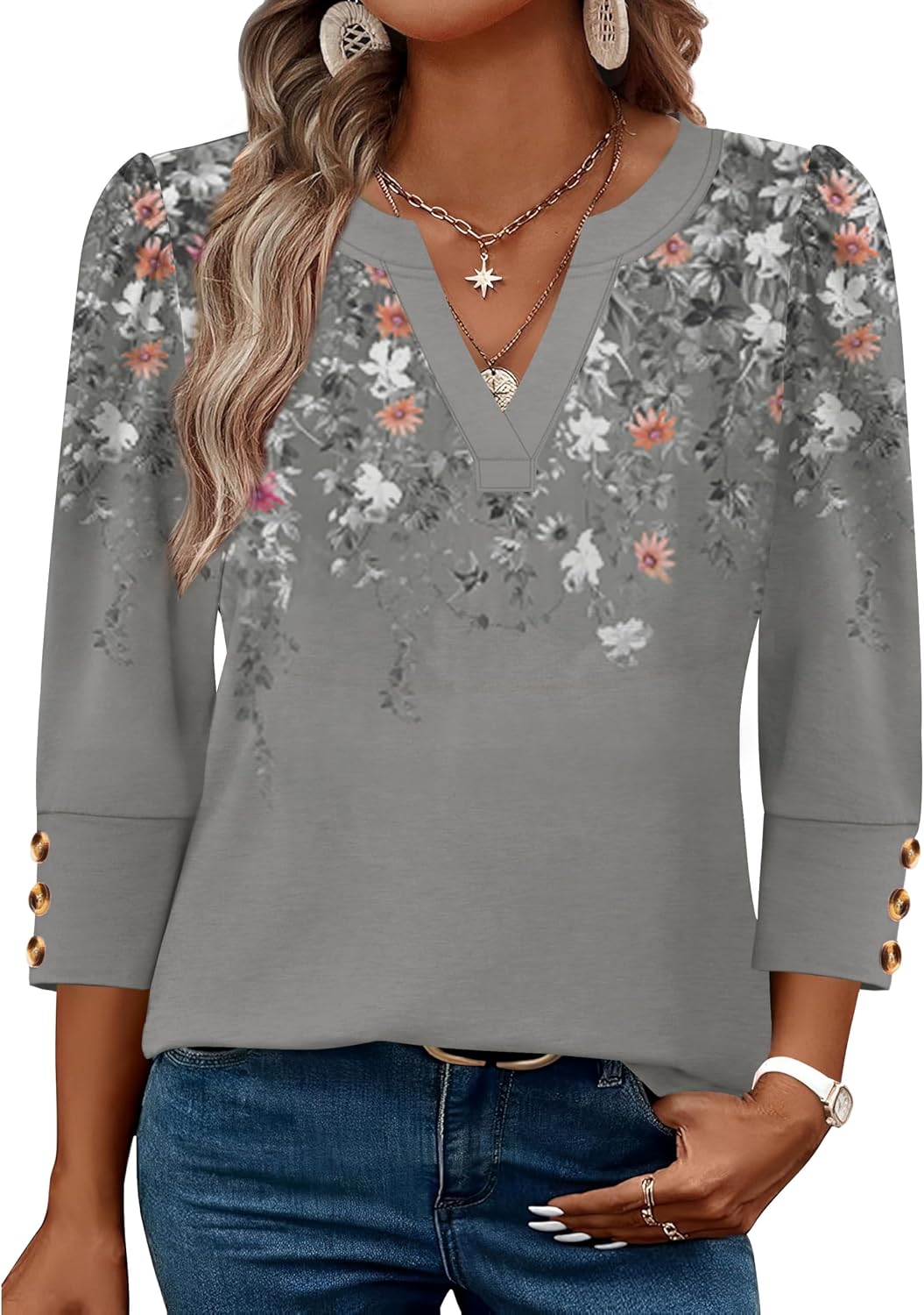 Detalle 2 de WIHOLL 3/4 Sleeve V-Neck Top with Button Cuffs for Dressy Casual Office & Everyday Wear