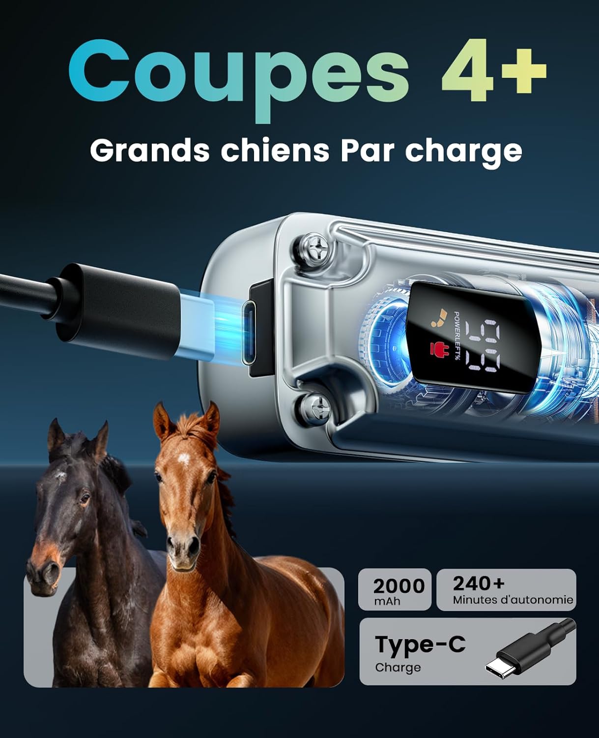Thumbnail 6 de Oneisall Tondeuse sans fil silencieuse pour chevaux, rechargeable avec 6 accessoires et lame amovible