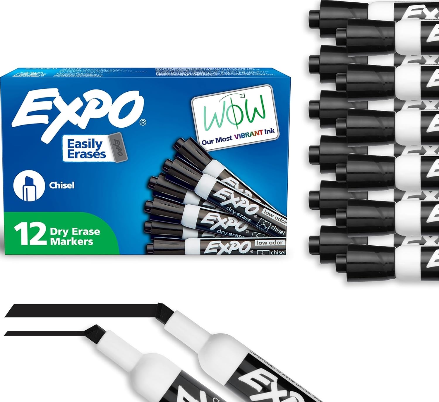 EXPO Dry Erase Markers, Low Odor Ink, Black with Chisel Tip — 12 Count