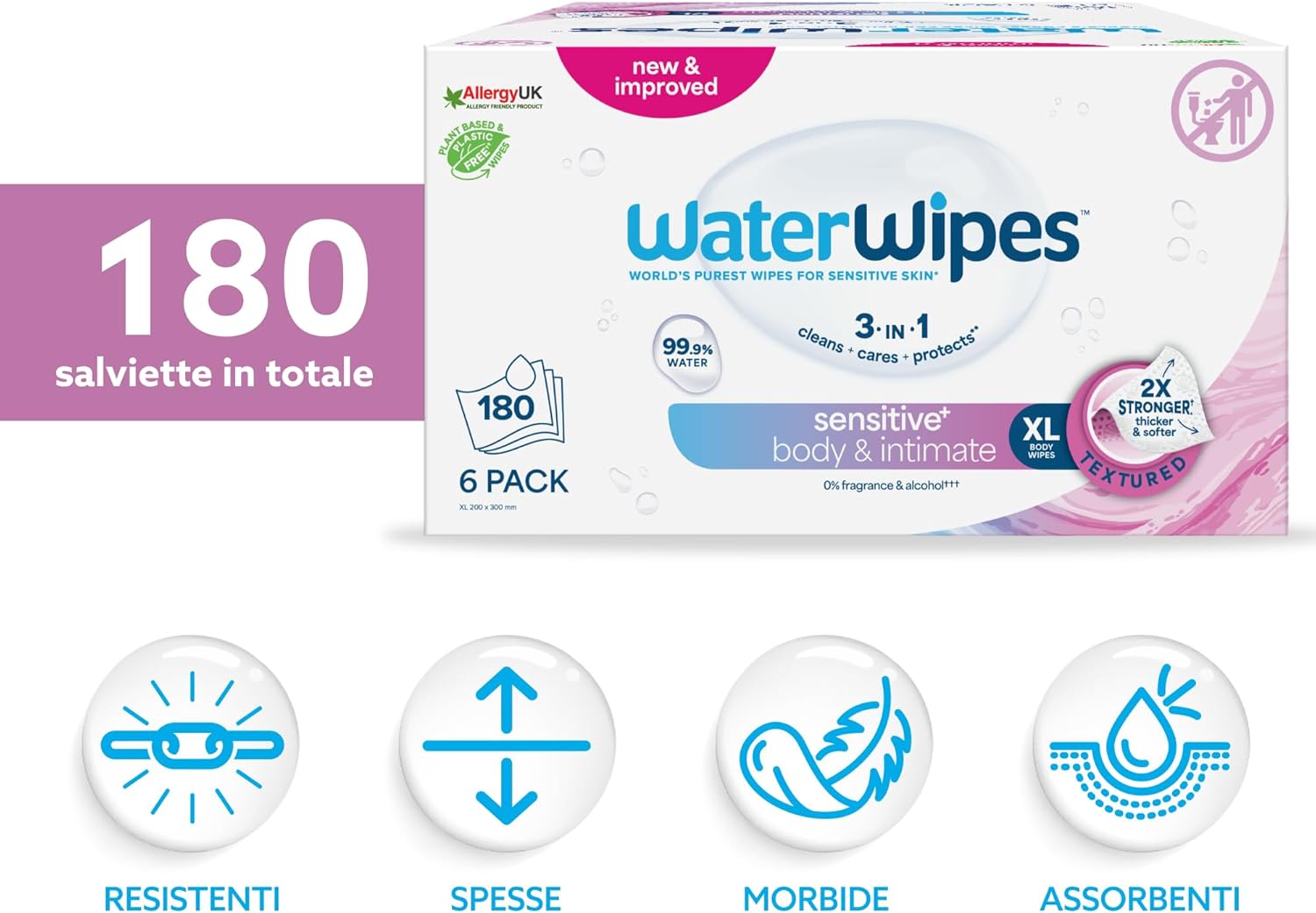 Detalle 2 de WaterWipes Sensitive+ Body & Intimate Wipes – 180 pezzi (6 confezioni) per una cura delicata della pelle