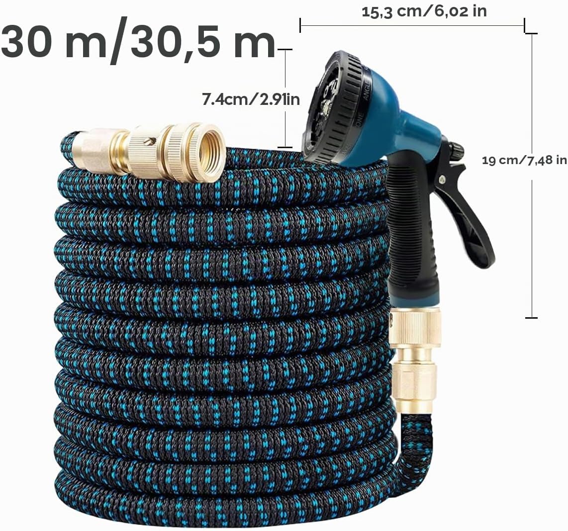 Detalle 2 de X-COTEC Tubo estensibile da giardino 30 m con raccordi in ottone 1/2" e 3/4" e ugello multifunzione