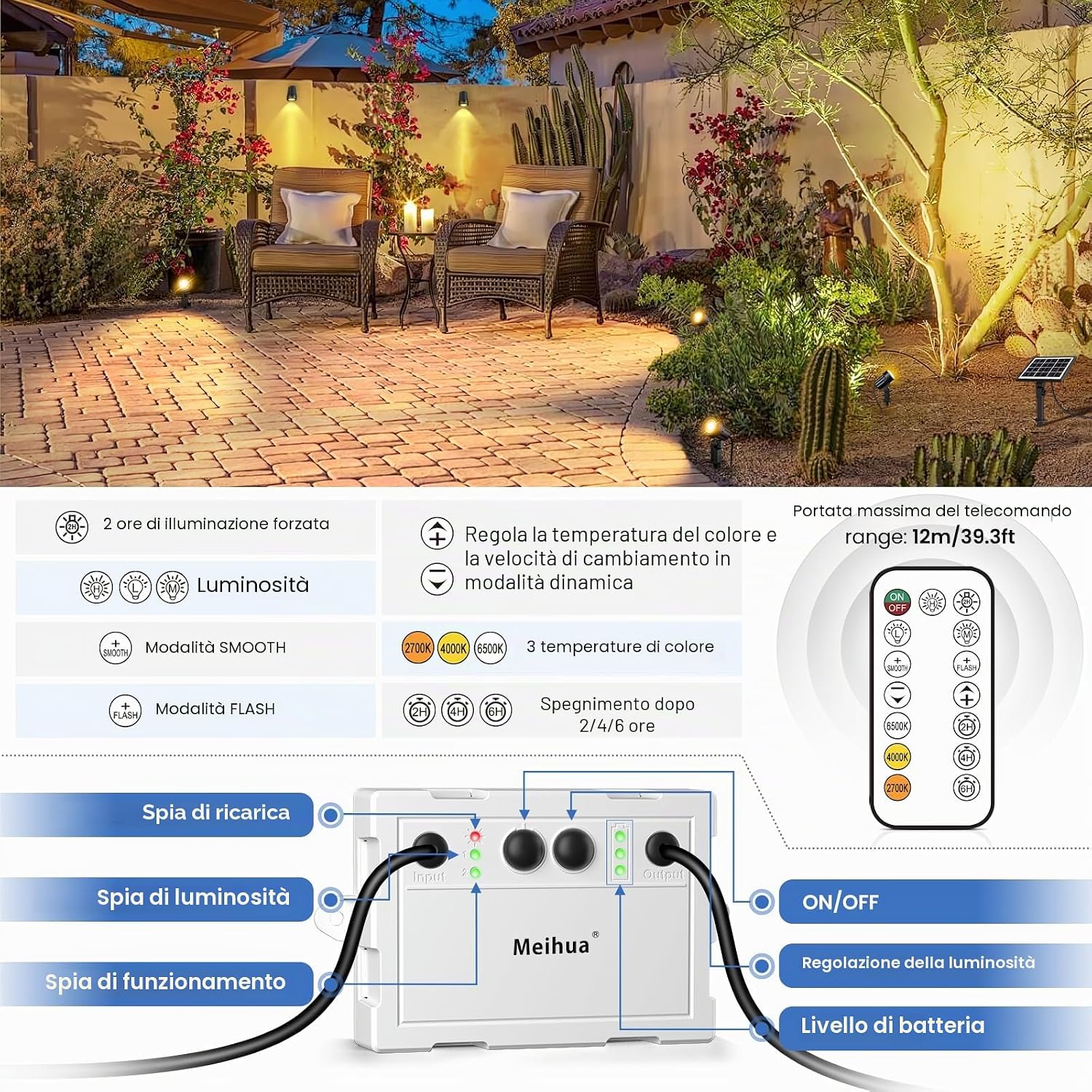 Detalle de Faretti Solari Esterno MEIHUA con Telecomando: 2700K / 4000K / 6000K, IP66, 3 Luminosità, 2 Modalità Dinamiche, Timer e Montaggio Versatile