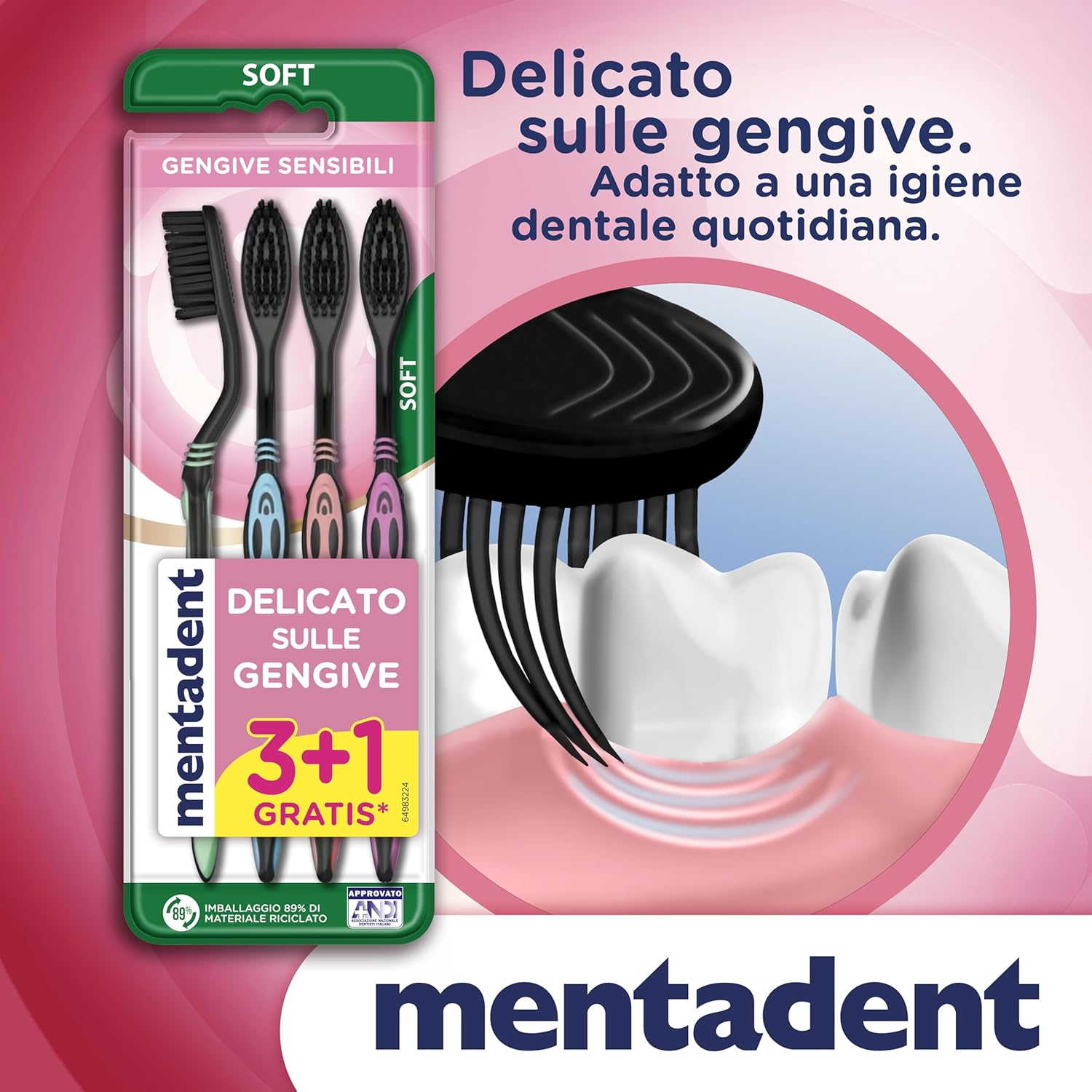 Thumbnail 2 de Mentadent Spazzolini per Gengive Sensibili 3+1 in Omaggio — Setole Morbide, Collo a 3 Angoli e Testina con Pulisci Lingua