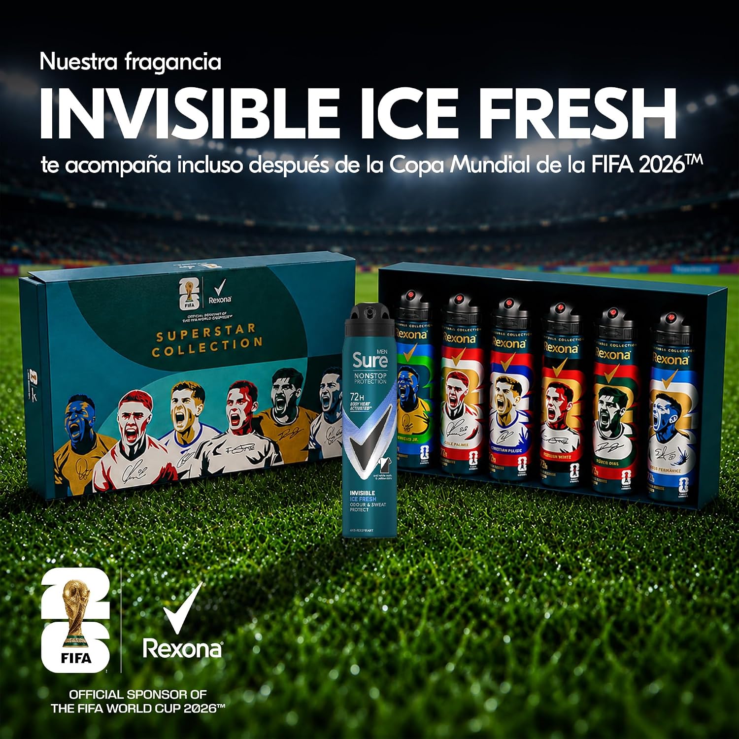 Detalle de Rexona Cofre de Regalo FIFA World Cup 2026 Superstar Collection — 6x150 ml Desodorantes en Spray para Hombre