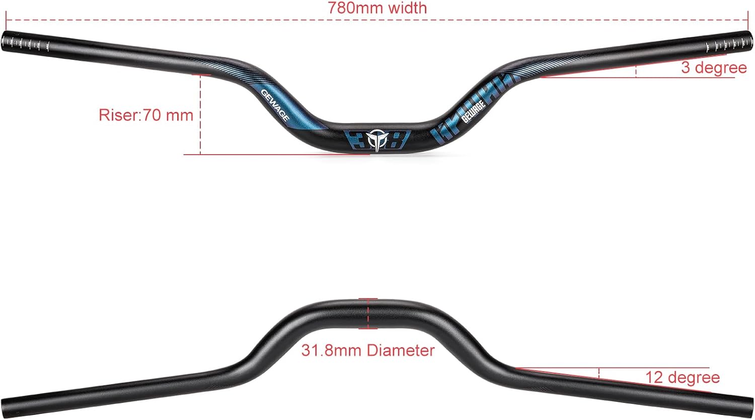 Detalle de GEWAGE Manubrio Riser 780 mm in alluminio 6061, attacco 31,8 mm e backsweep 12° (rise 70 mm) per MTB, strada e ibrido