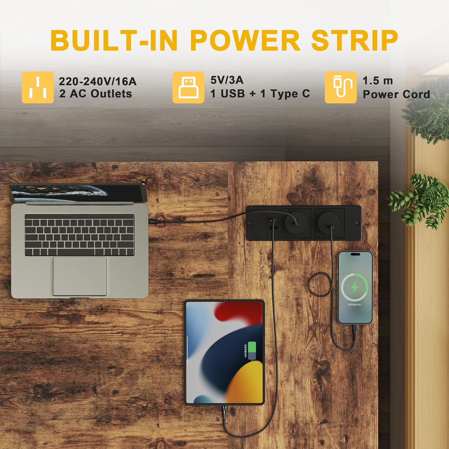 Thumbnail 3 de BEXEVUE Small L-Shaped Desk with Power Outlets – 100x70 cm Corner Computer Desk