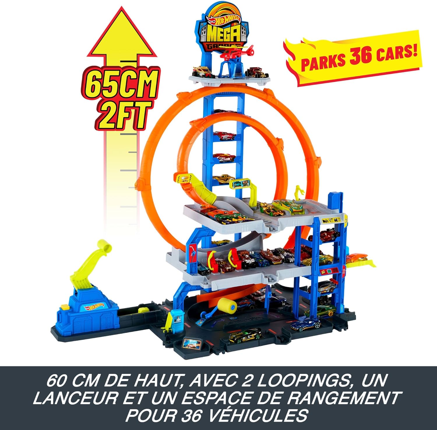 Thumbnail 2 de Hot Wheels City Méga Garage avec voiture et hélicoptère – 3 niveaux, 2 boucles, 37 emplacements 1/64 (JLC05)