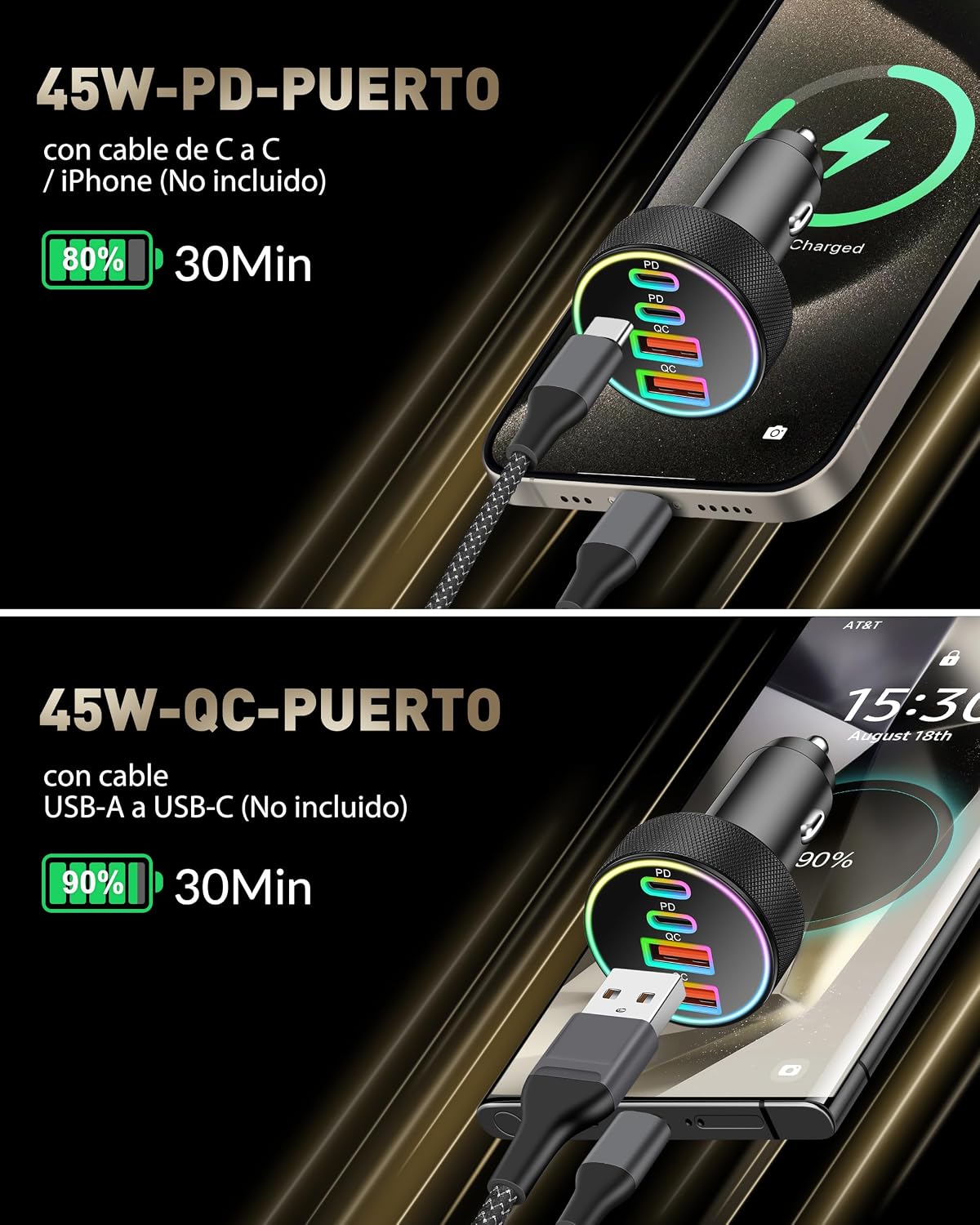 Thumbnail 1 de 4-Puerto 90W Cargador de Coche Dual USB-C/USB-A PD/QC