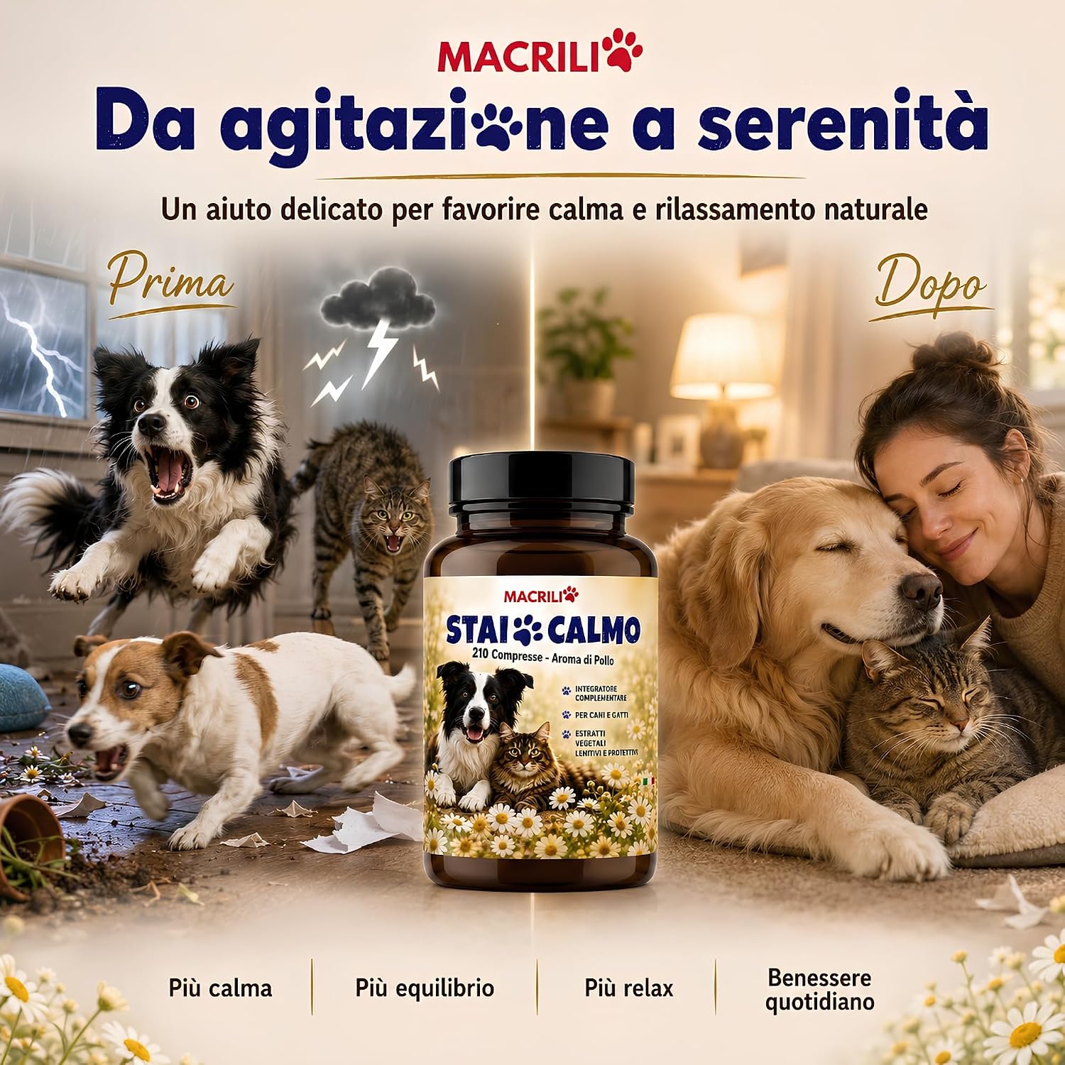 Detalle 2 de MACRILI Calmante Cane e Gatto 210 Compresse Aroma Pollo: supporto calmante per cani e gatti nervosi