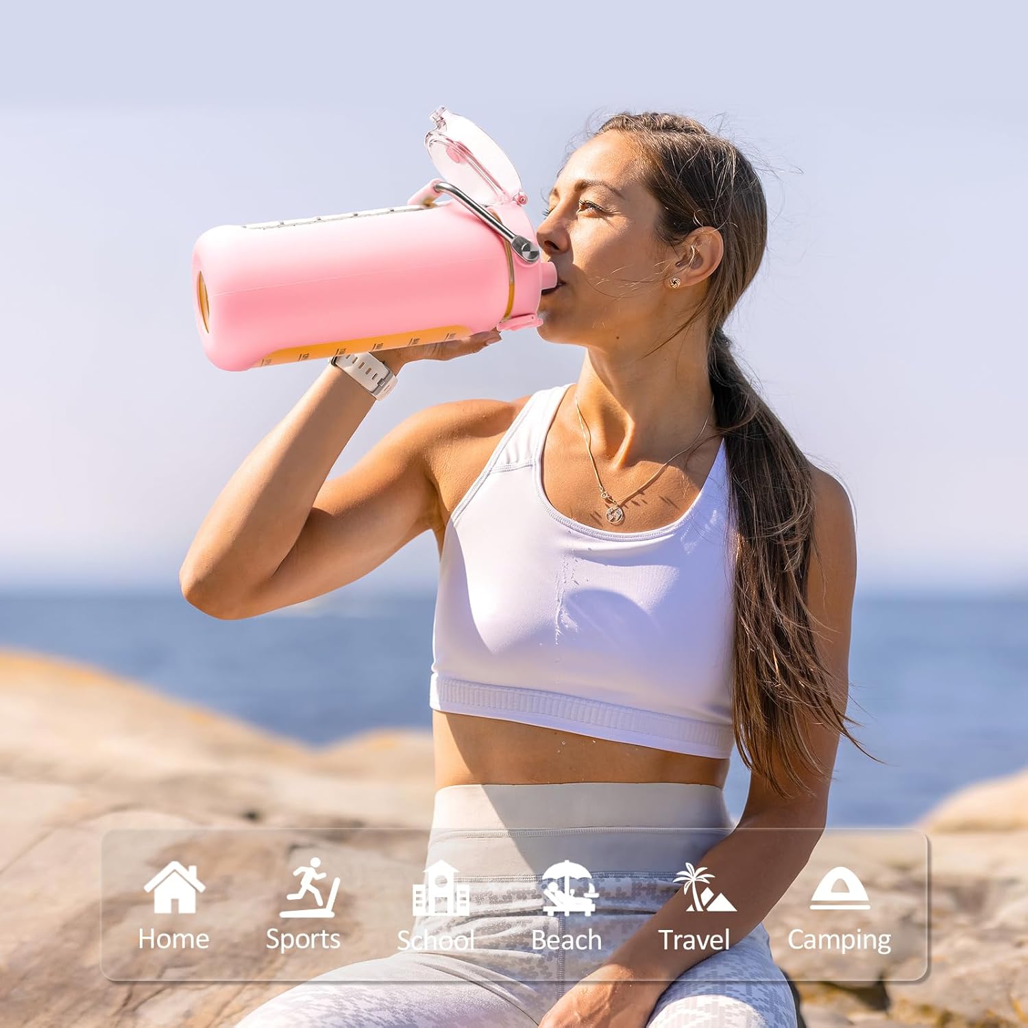 Thumbnail 1 de BLUEGO 2000ml Borosilicate Glass Water Bottle with Stainless Handle, Time Marker and Straw (Pink)