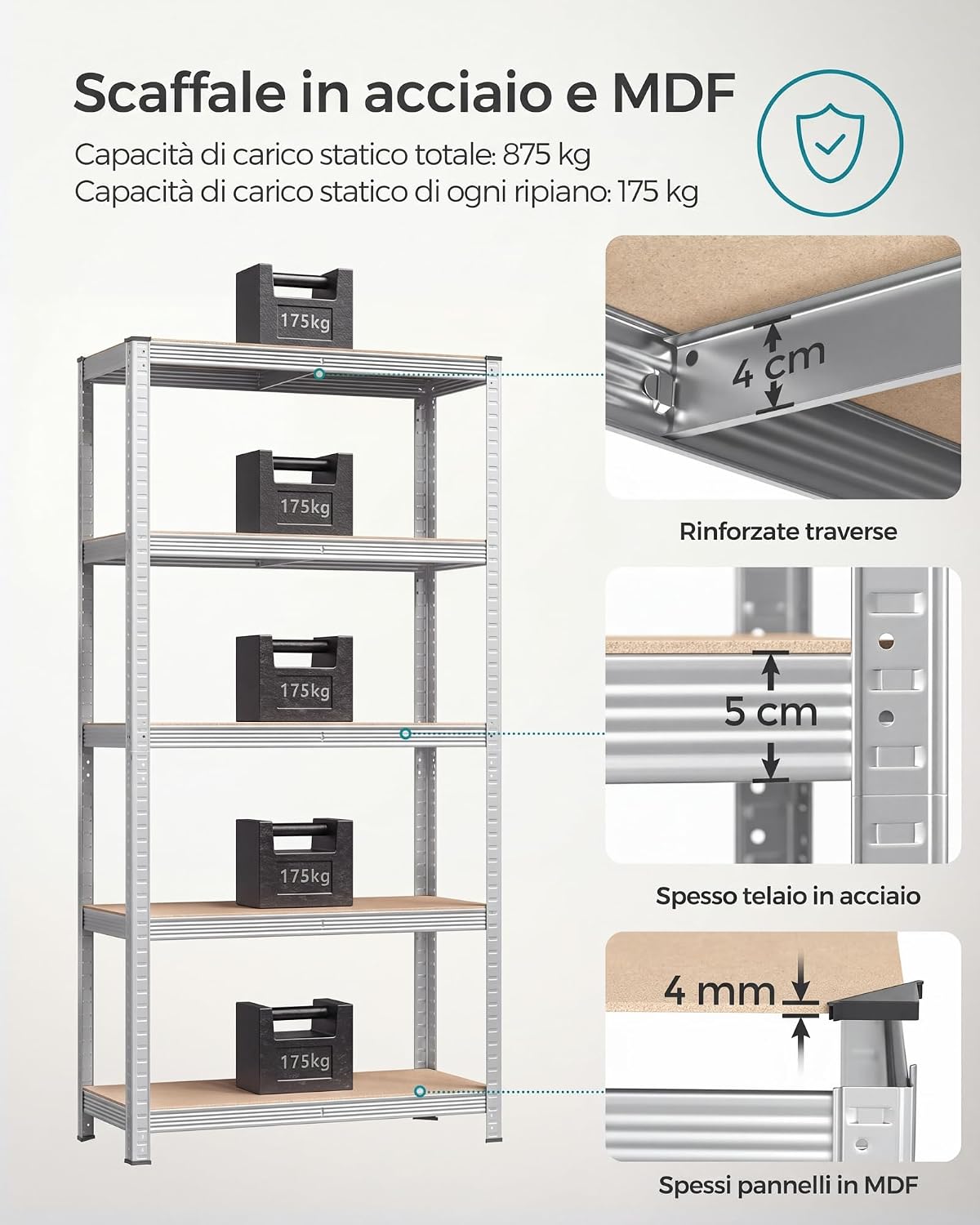 Detalle de SONGMICS Set di 2 Scaffali in Metallo 5 Ripiani Regolabili, Senza Viti, Portante 875 kg – 40 x 90 x 180 cm (ARGENTO) GLR040E02