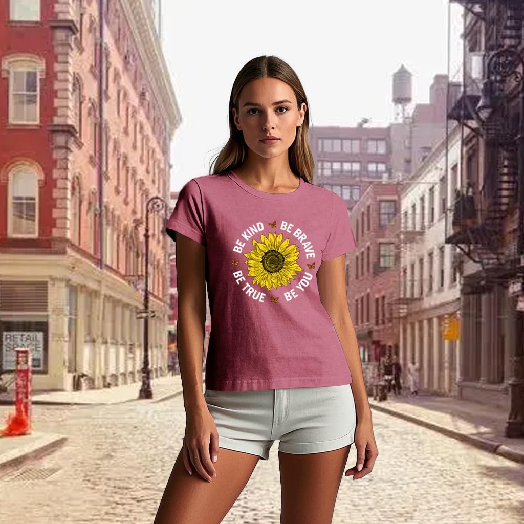 Detalle 2 de Qskall Women’s Sunflower Print “Be Kind” T-shirt – soft loose-fit inspirational tee