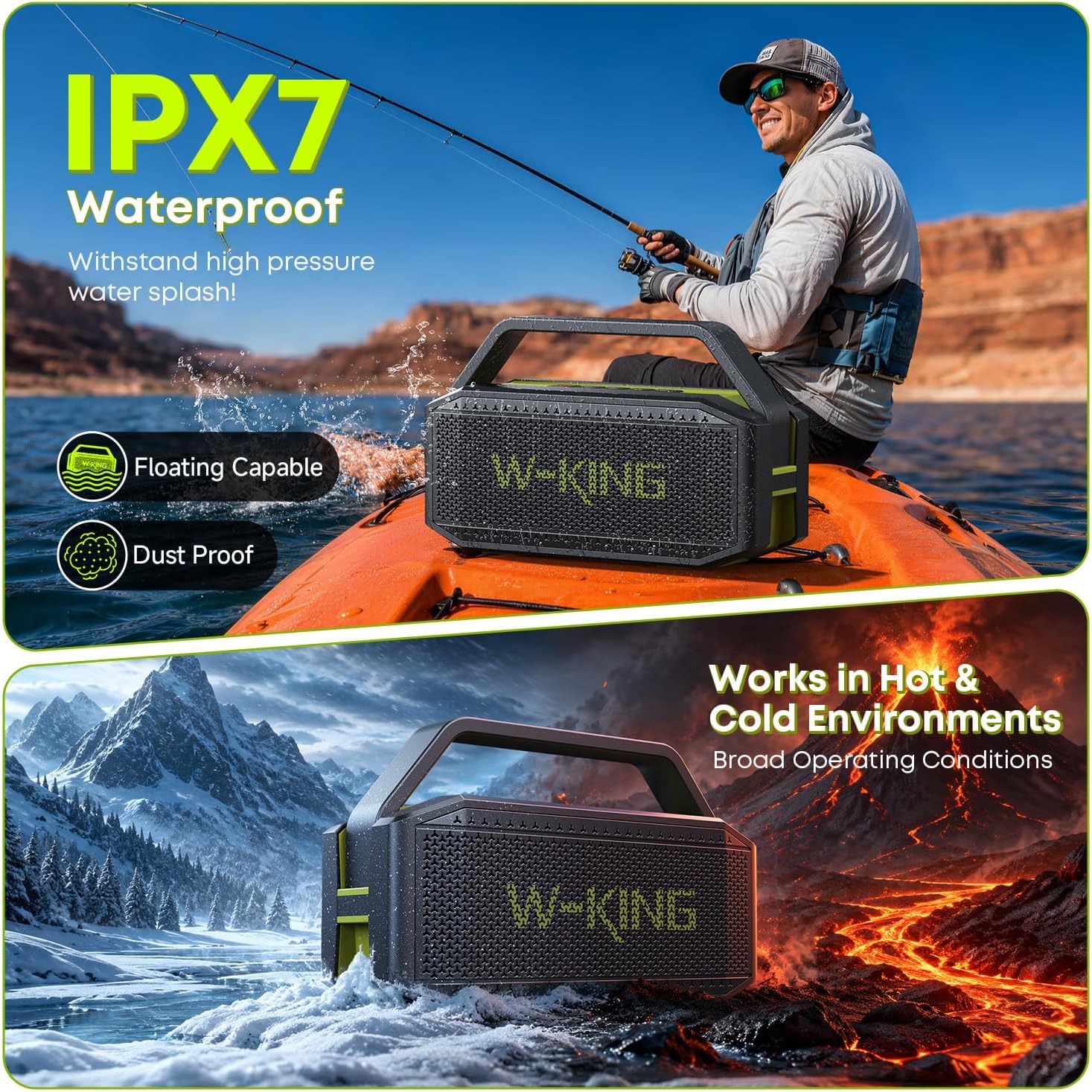 Detalle de W-KING D9-1 Portable Bluetooth Speaker, IPX7 Waterproof, 60W RMS, Green