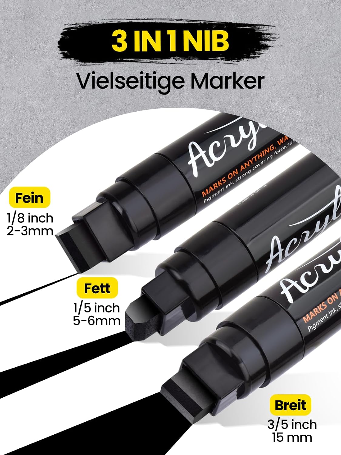 Detalle de Willingood 3x Schwarz Acrylstifte Jumbo Marker Set – 15 mm Spitze, wasserfest & schnelltrocknend