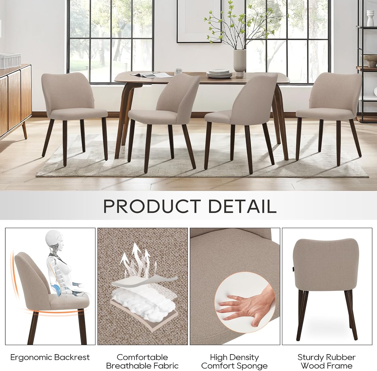 Thumbnail 3 de COLAMY 3008 Upholstered Dining Chairs, Set of 6, Camel Fabric, Rubberwood Legs