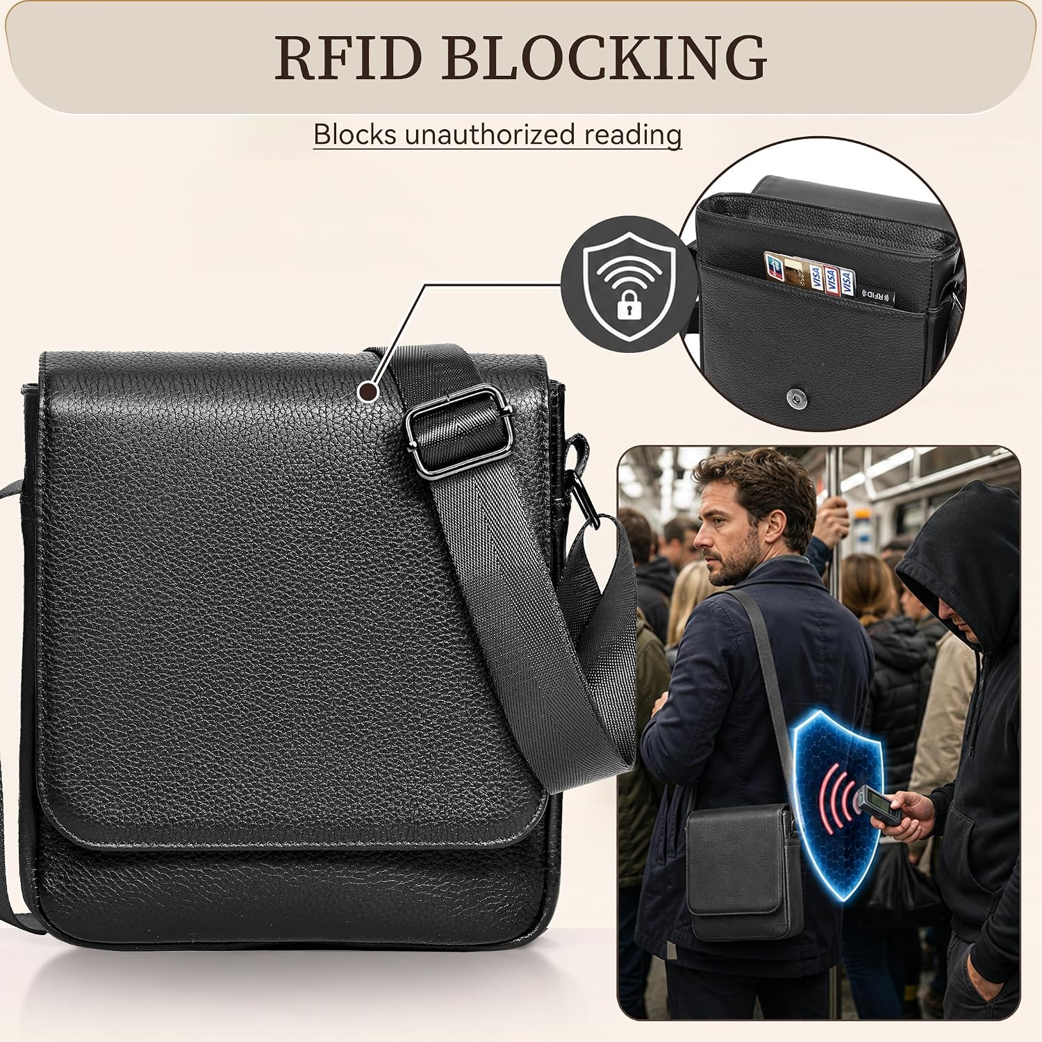 Thumbnail 3 de Eshow RFID Leather Shoulder Bag for Men – Adjustable Crossbody Utility for Work, School and Travel