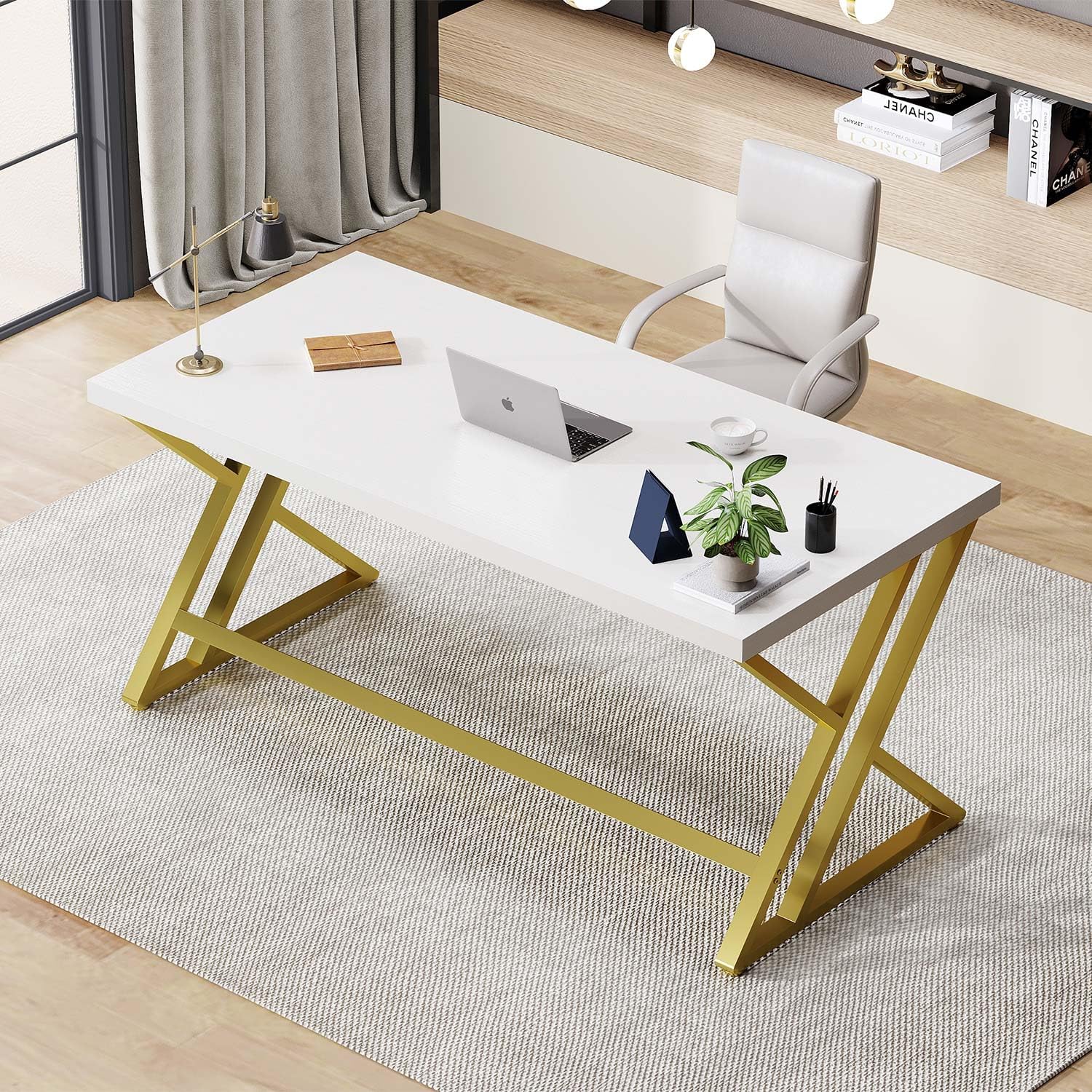 Thumbnail 5 de LVB Scrivania bianca e oro moderna per PC in legno e metallo, compatta per studio e home office
