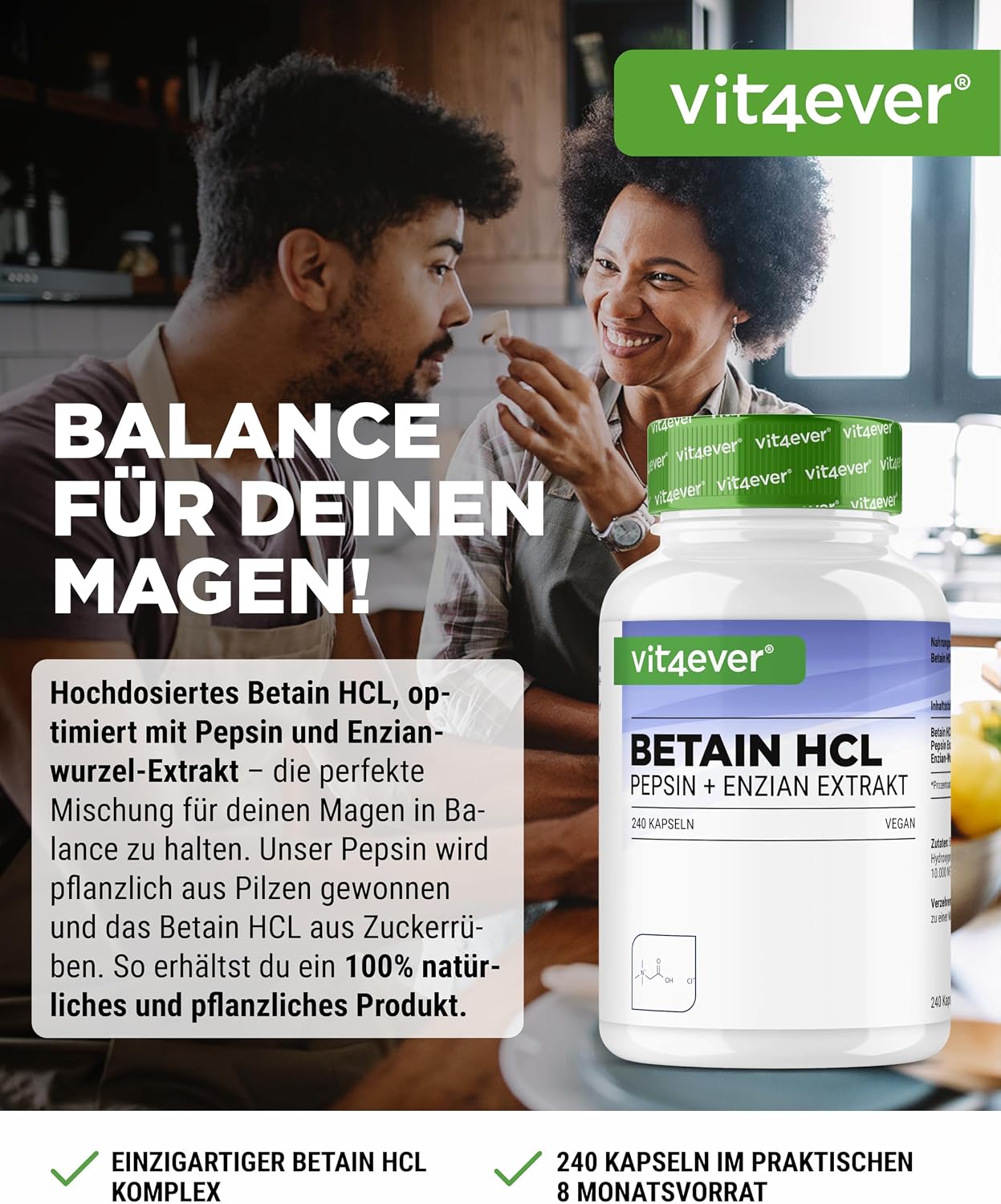 Detalle 2 de Betain HCL – 240 Kapseln (695 mg) mit Pepsin & Enzianwurzel-Extrakt – vollspektrum Enzym-Kapseln