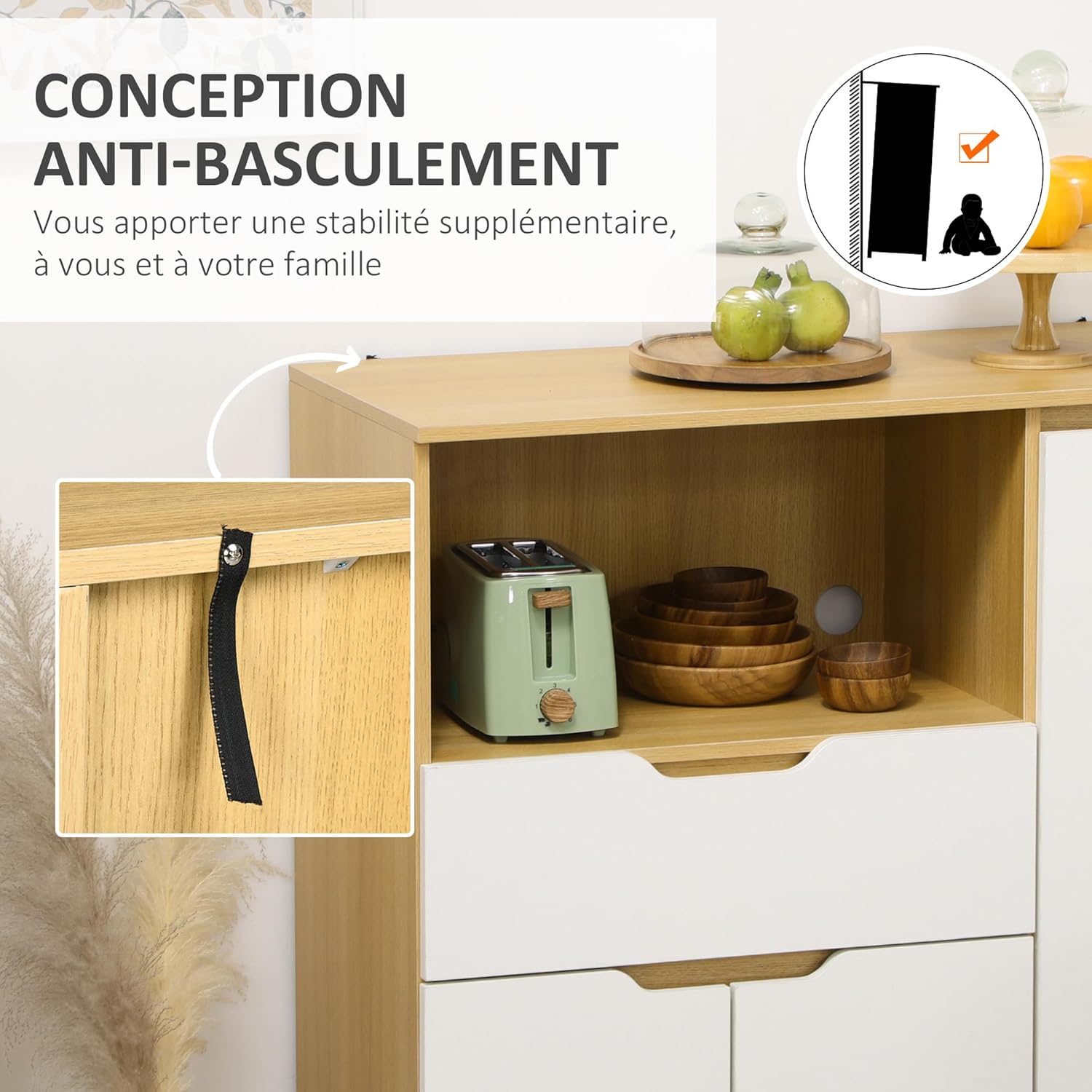 Thumbnail 6 de HOMCOM Meuble Micro-ondes Buffet Cuisine 90 x 40 x 98,5 cm – Naturel et Blanc