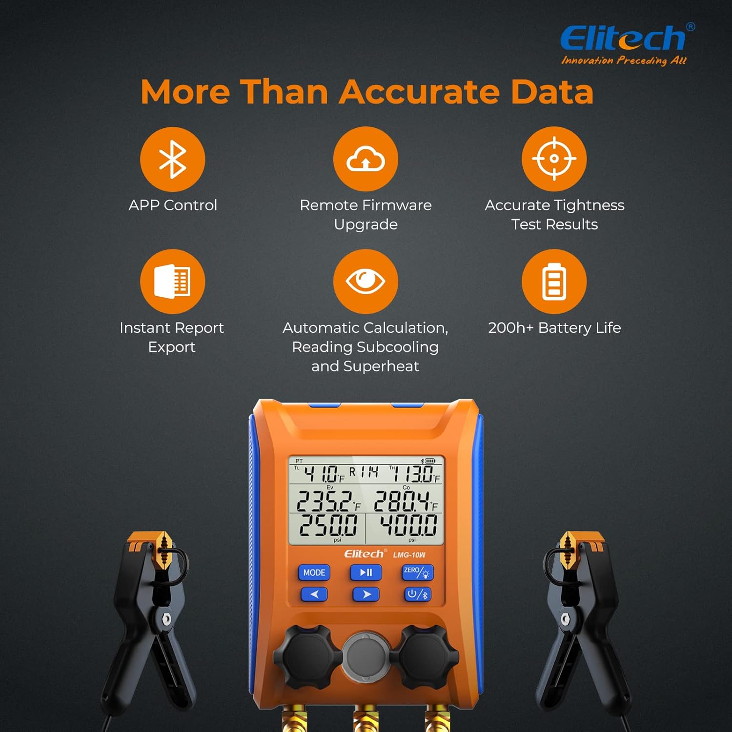 Thumbnail 1 de Elitech Digital Manifold Gauge Set LMG-10W with app monitoring and temperature clamps